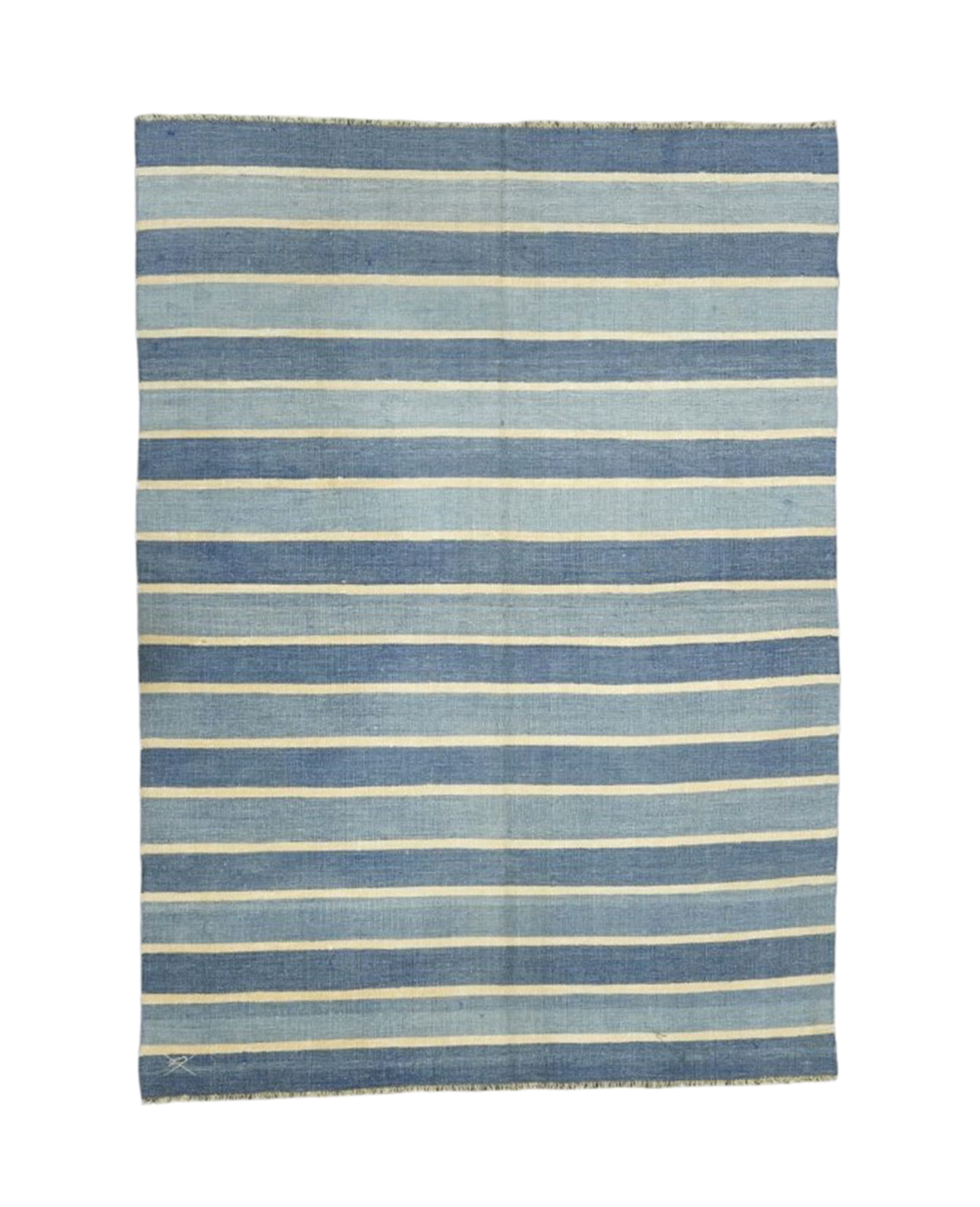 Vintage Dhurrie Rug - Blue Stripes and Yellow Accents from India made of Cotton