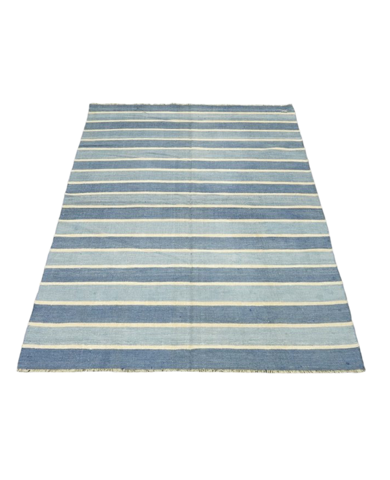 Vintage Dhurrie Rug - Blue Stripes and Yellow Accents from India made of Cotton