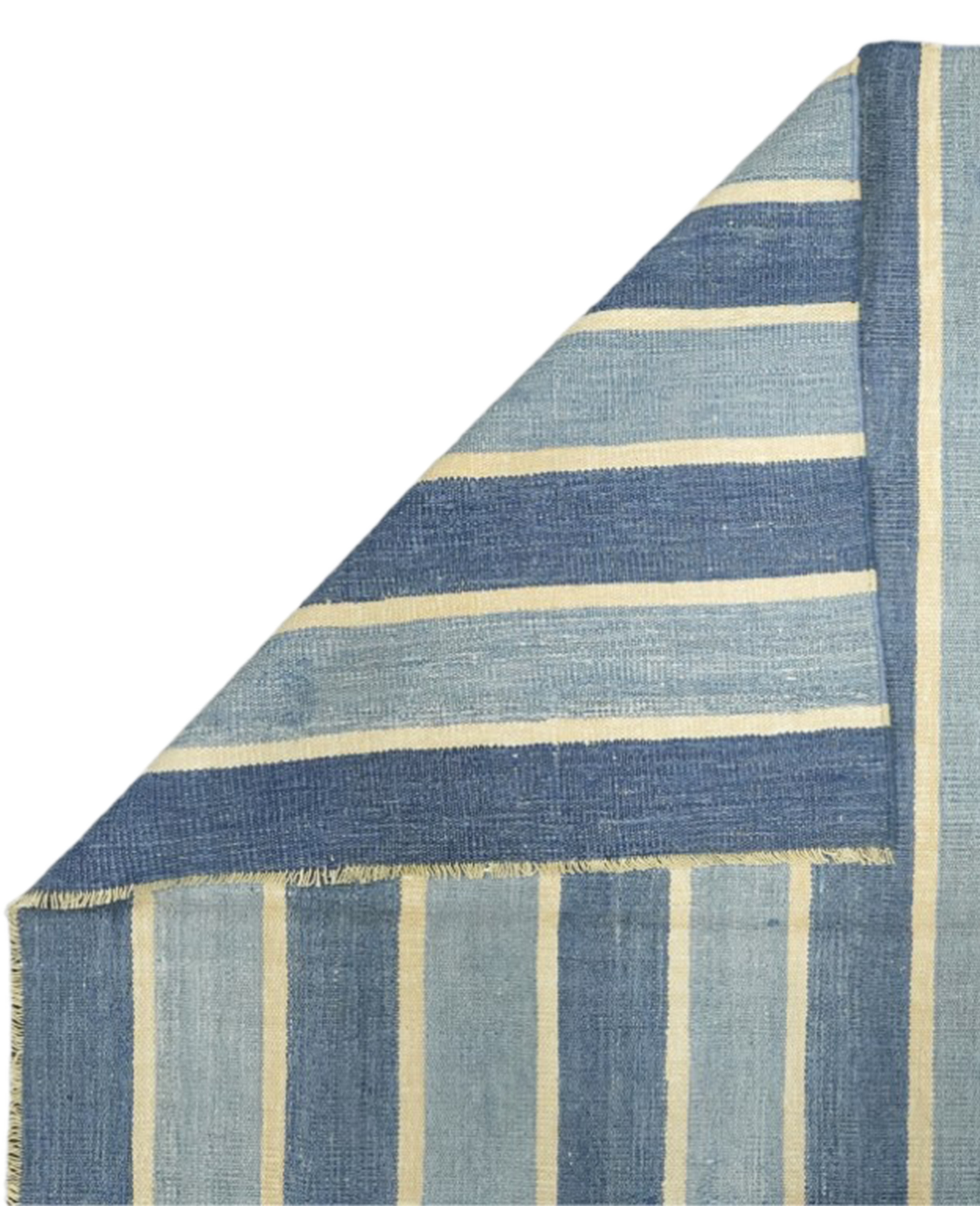 Vintage Dhurrie Rug - Blue Stripes and Yellow Accents from India made of Cotton