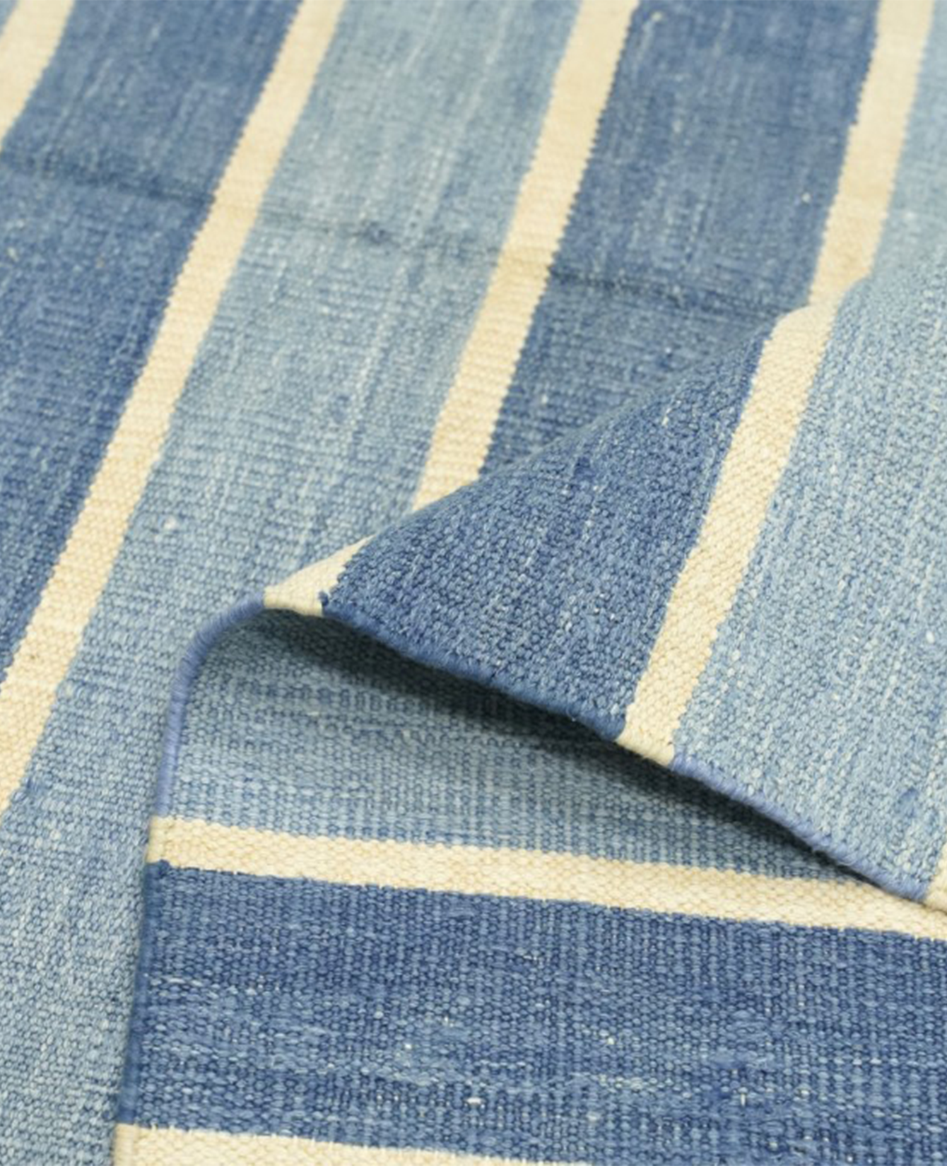 Vintage Dhurrie Rug - Blue Stripes and Yellow Accents from India made of Cotton