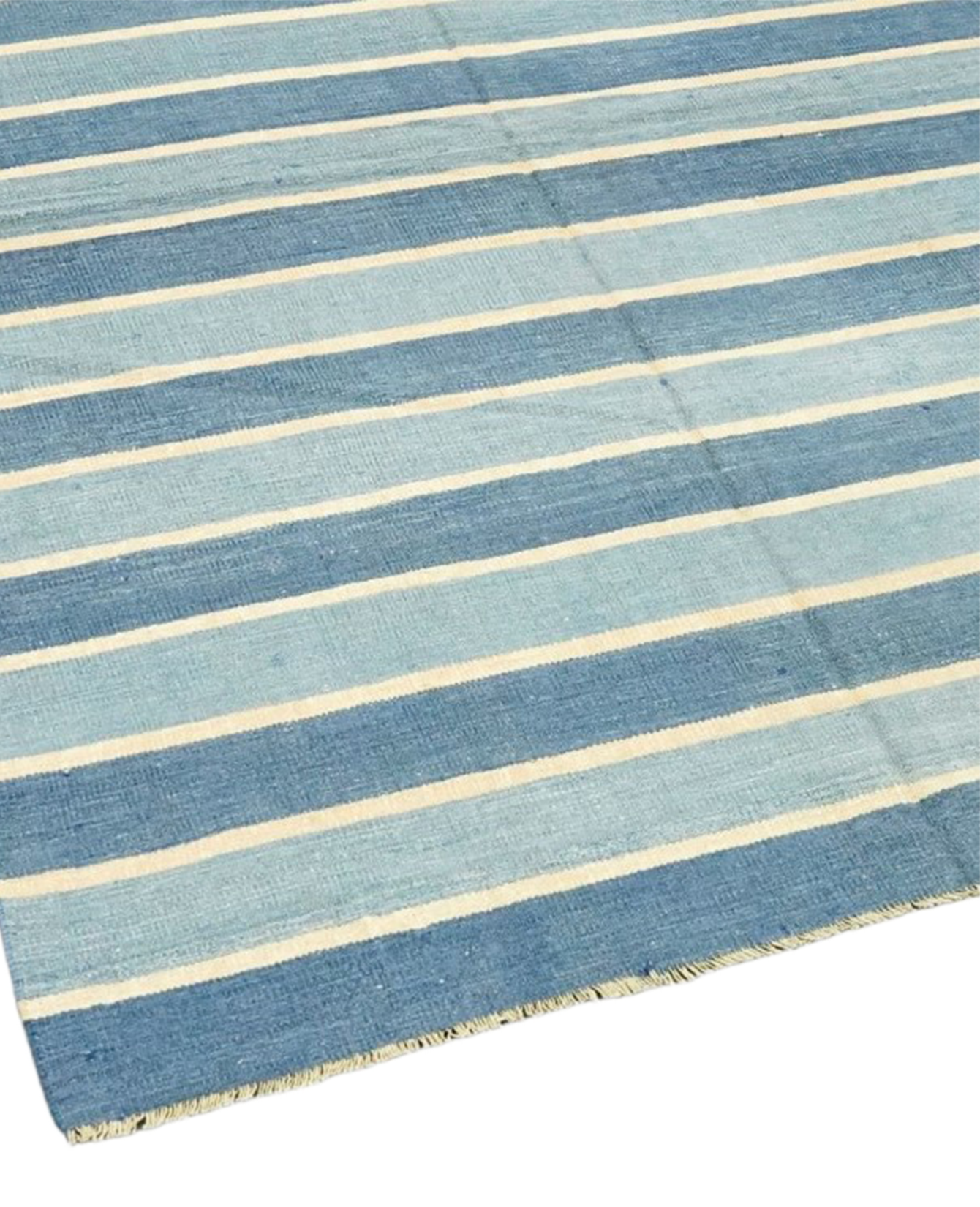 Vintage Dhurrie Rug - Blue Stripes and Yellow Accents from India made of Cotton