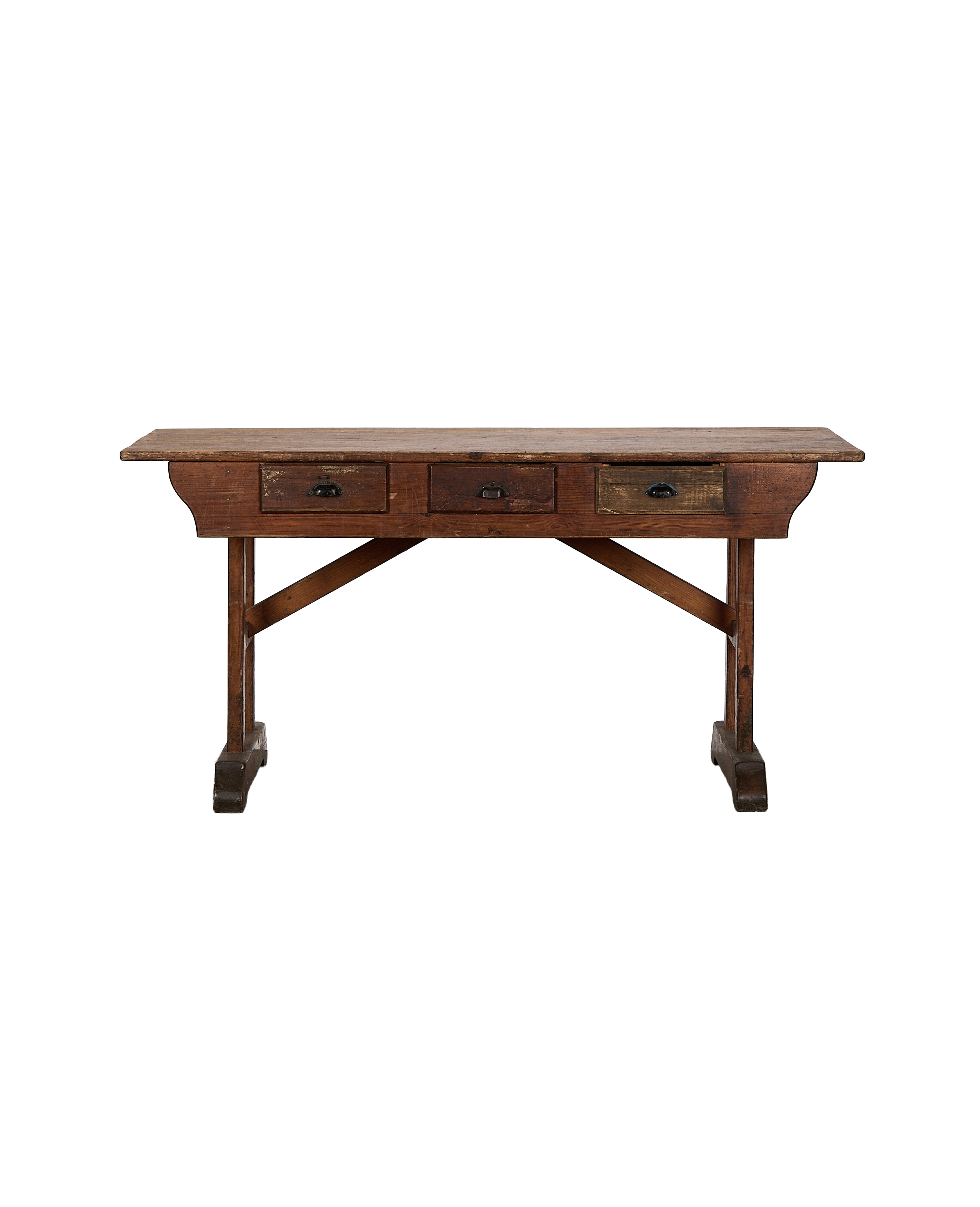 Vintage French oak farm table, 6 drawers with aged bronze pulls, rustic condition.