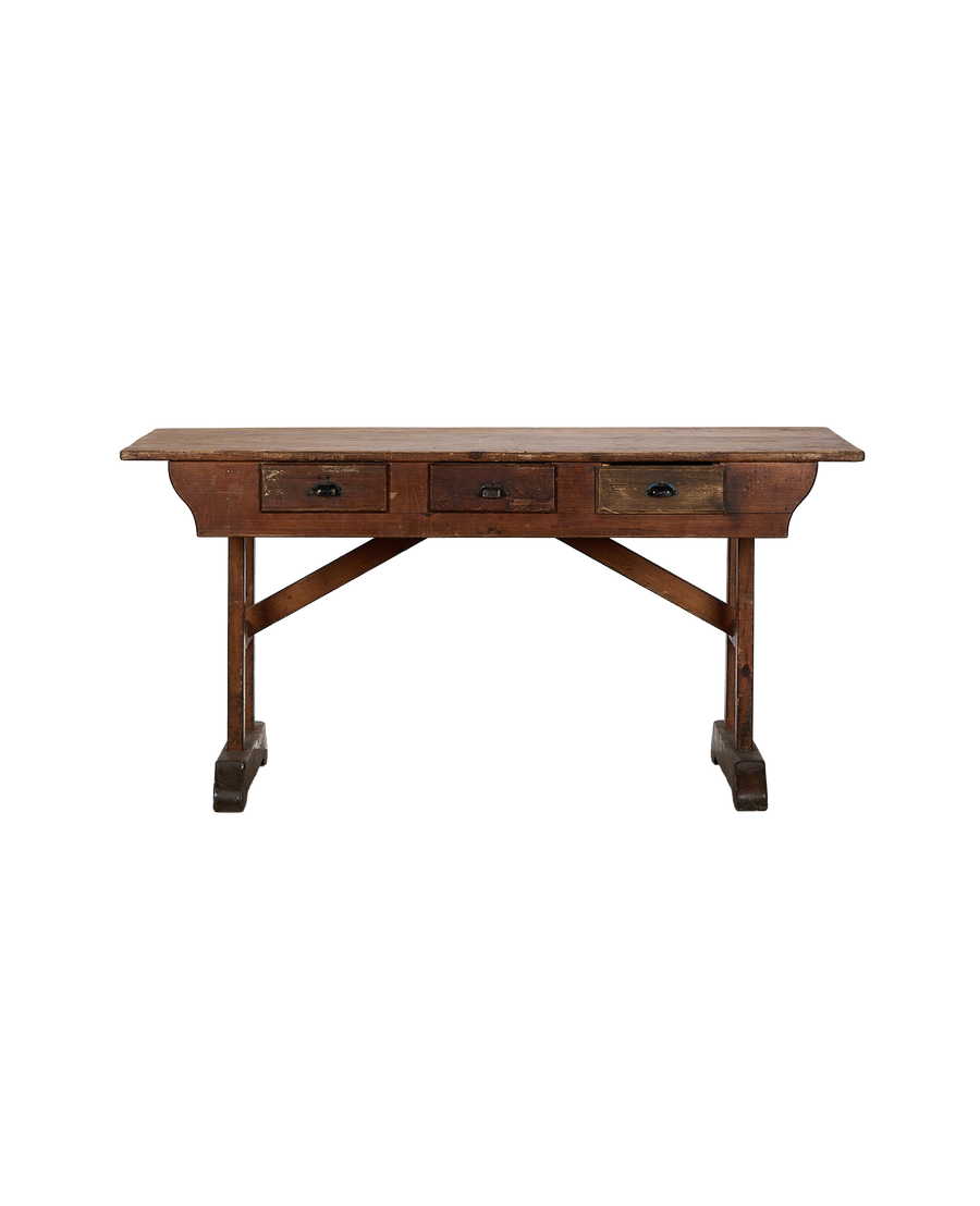 Vintage French oak farm table, 6 drawers with aged bronze pulls, rustic condition.