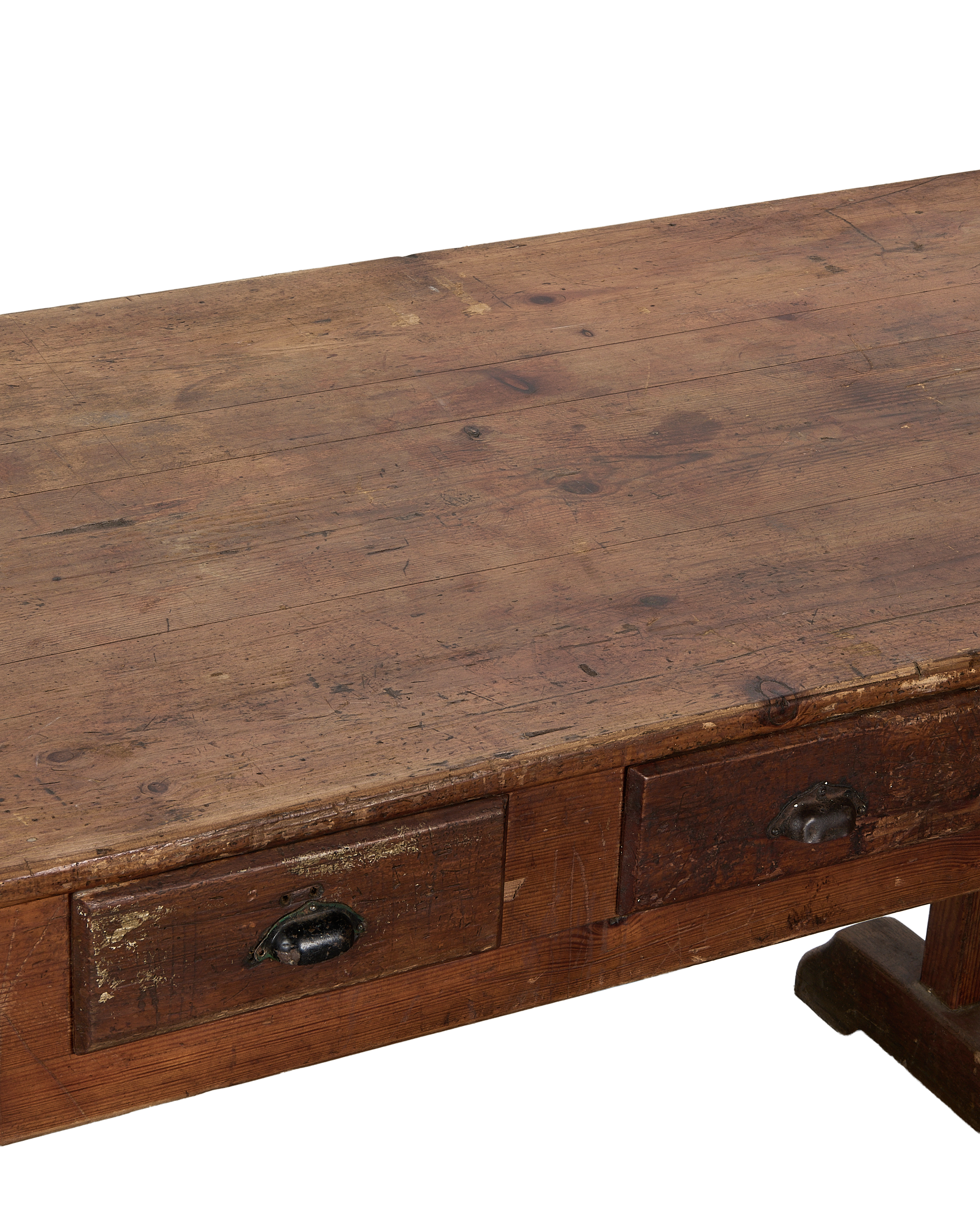 Vintage French oak farm table tabletop and two rustic drawers with cup pulls.