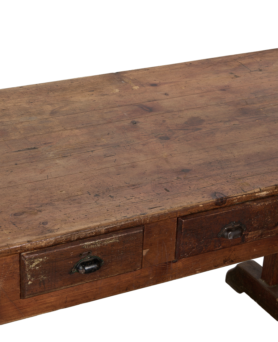 Vintage French oak farm table tabletop and two rustic drawers with cup pulls.