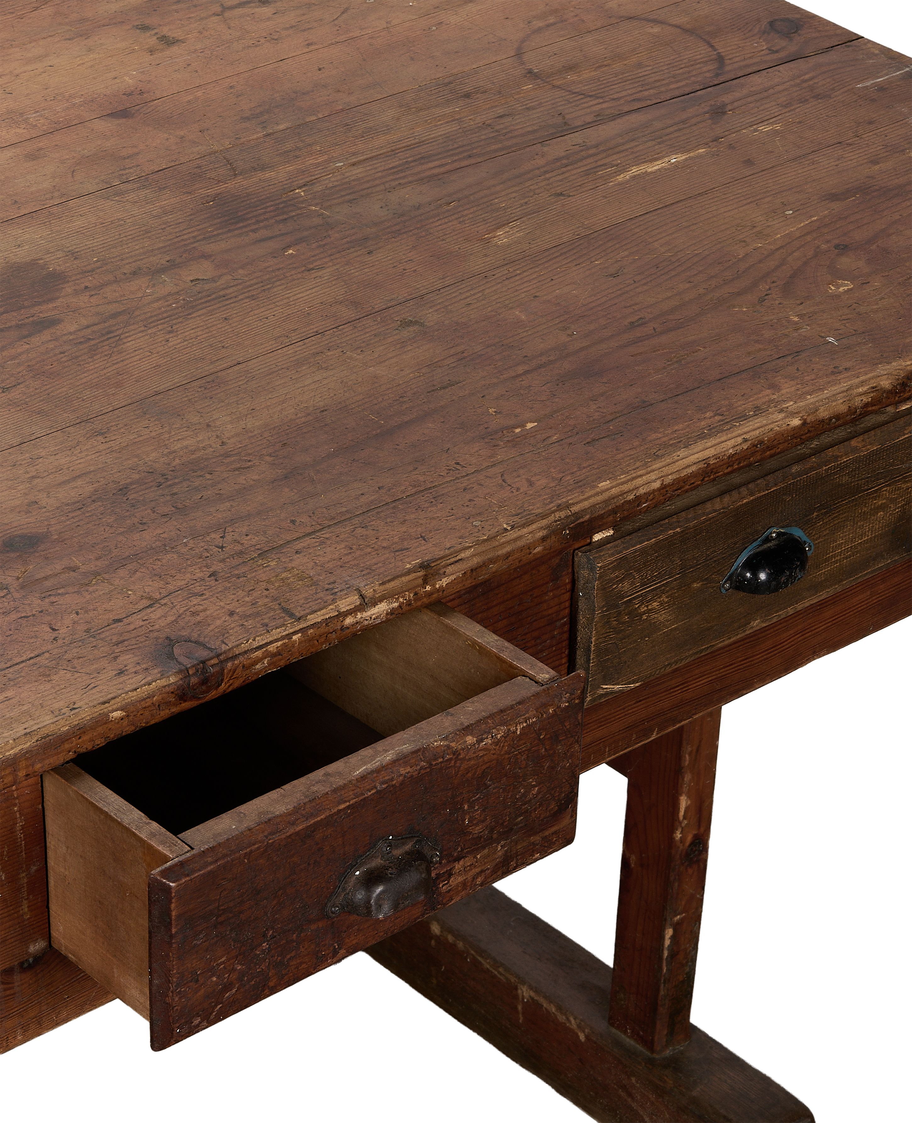 Vintage French oak farm table, open drawer showing interior construction and worn surface.