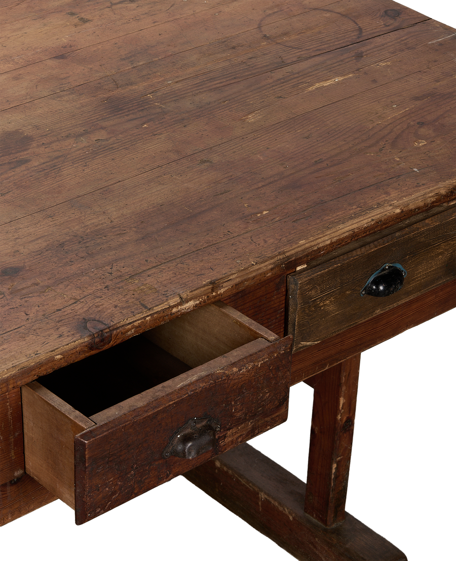 Vintage French oak farm table, open drawer showing interior construction and worn surface.