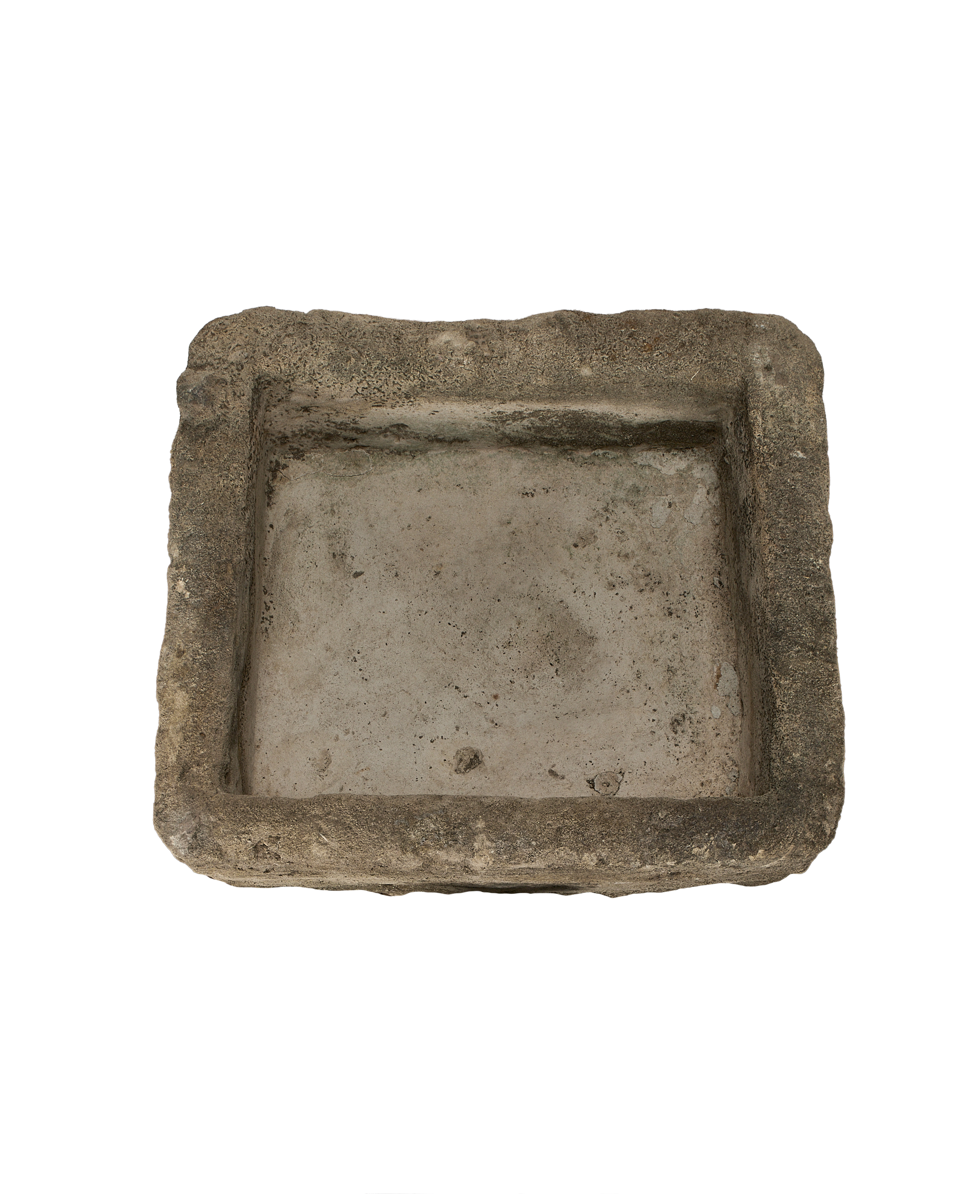 Vintage rectangular Indonesian limestone trough with visible textured interior and rustic patina from overhead.