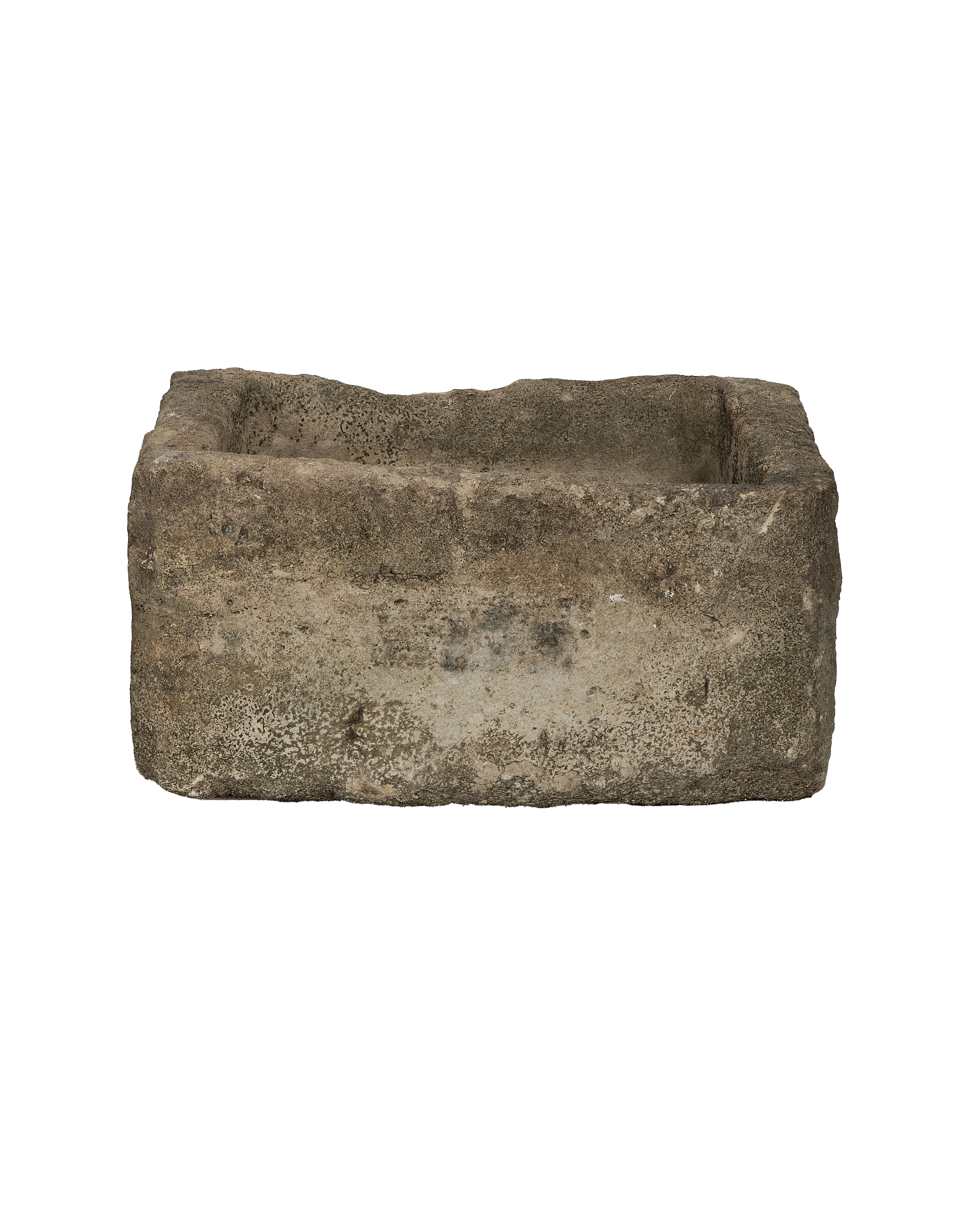Vintage rectangular Indonesian limestone trough, OAK finish, with weathered, textured stone visible.