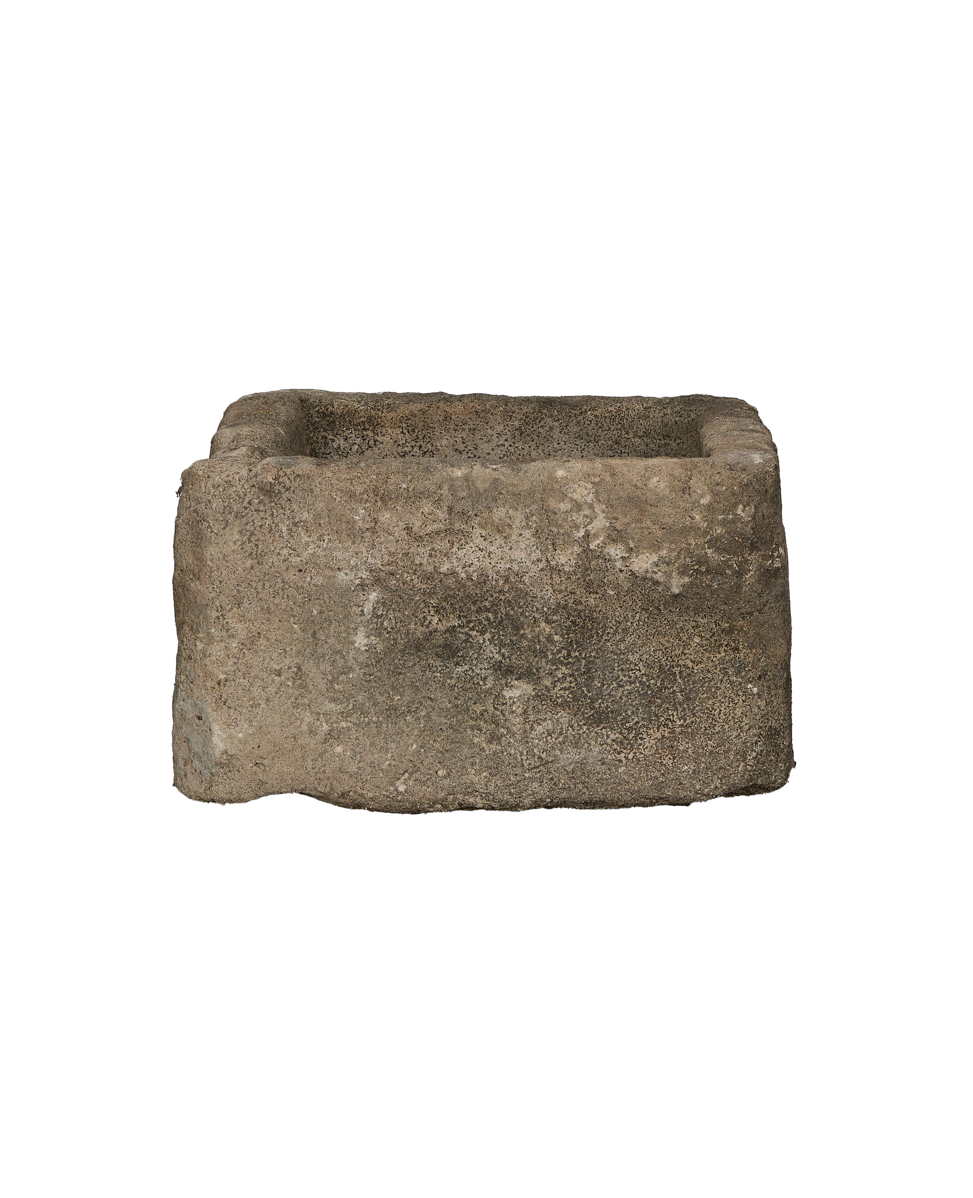 Vintage Indonesian limestone trough, rectangular, showcasing its weathered, OAK-colored stone texture.
