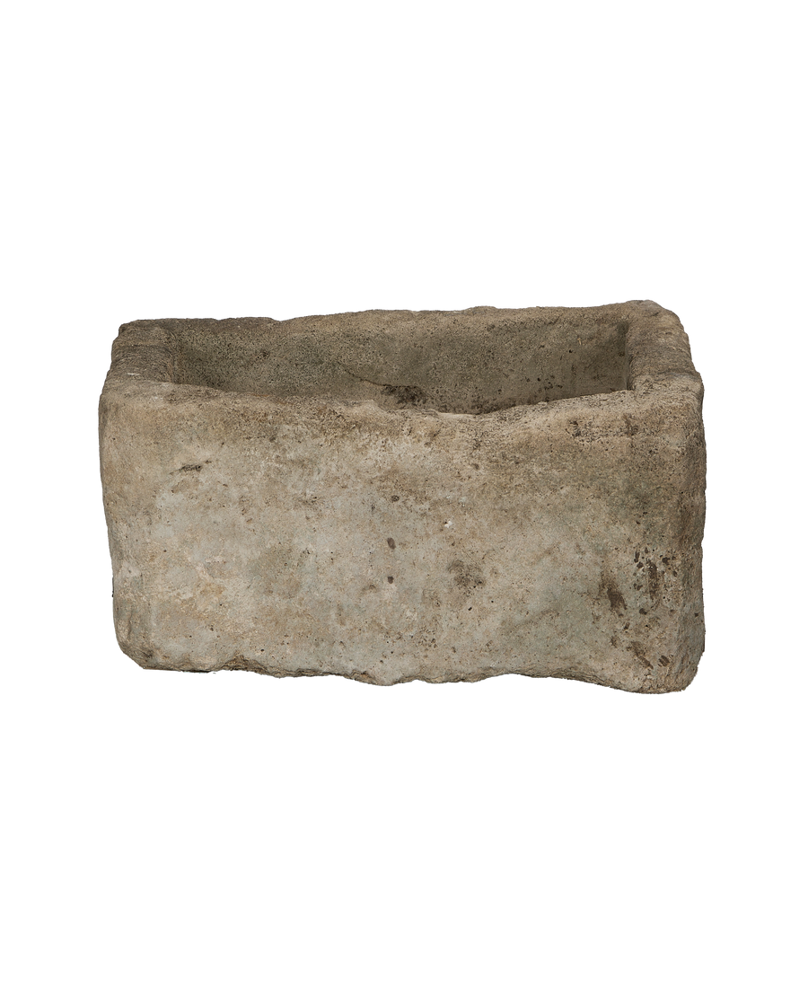 Vintage rectangular Indonesian OAK limestone trough with weathered rough texture and solid walls.