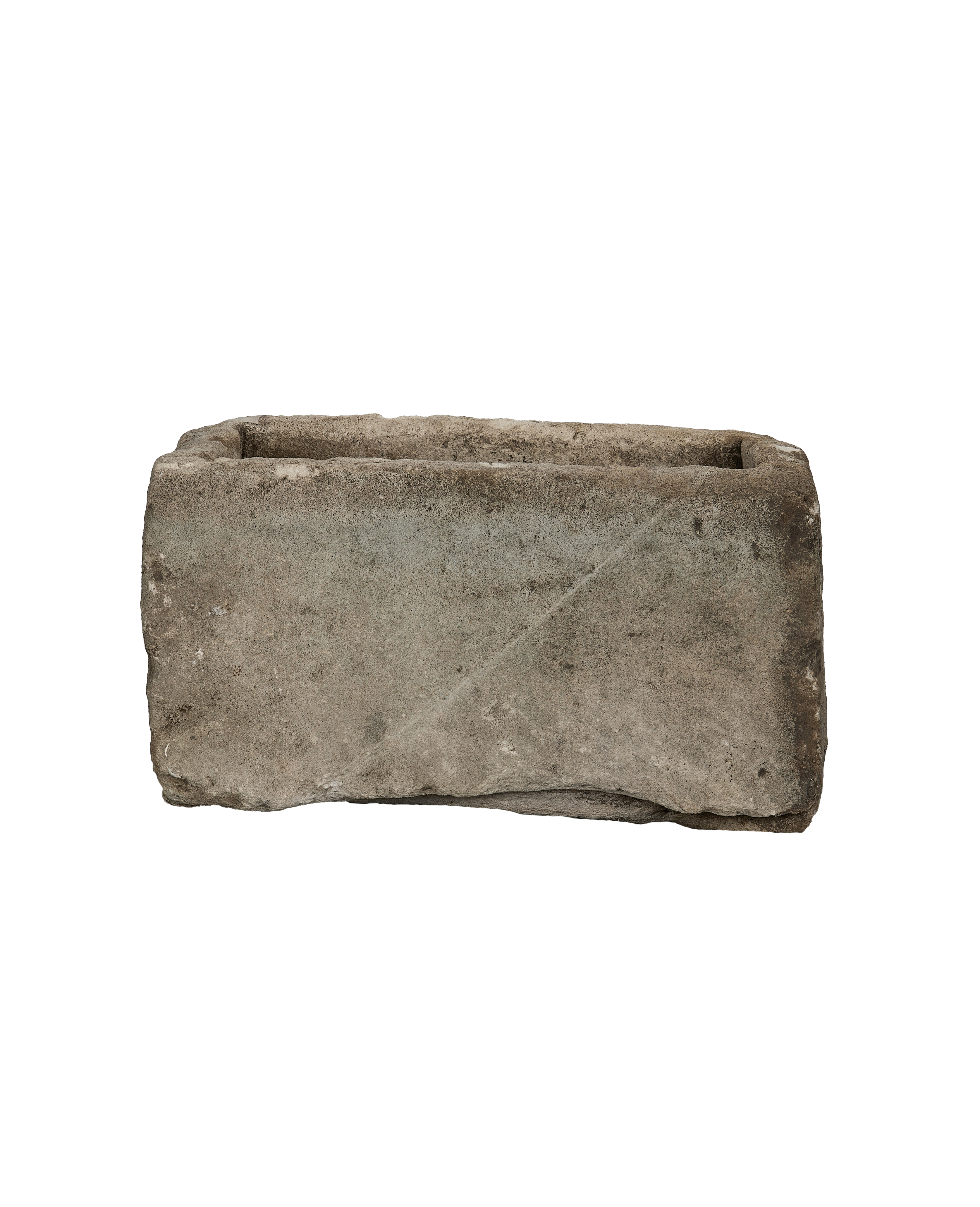 Vintage Indonesian limestone rectangular trough, weathered with rough texture and rustic appeal.