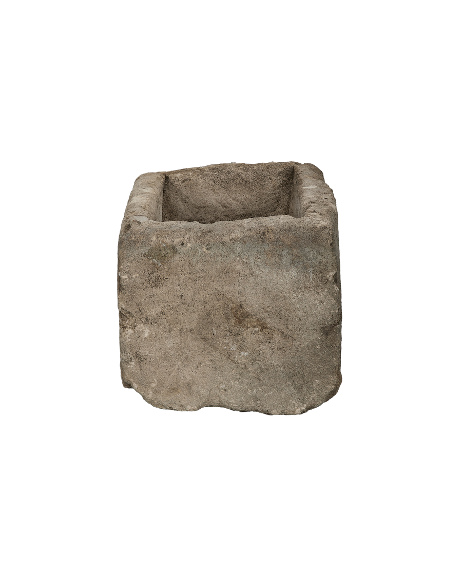 Vintage limestone trough, rectangular, from Indonesia, with weathered rough texture and unique top view.