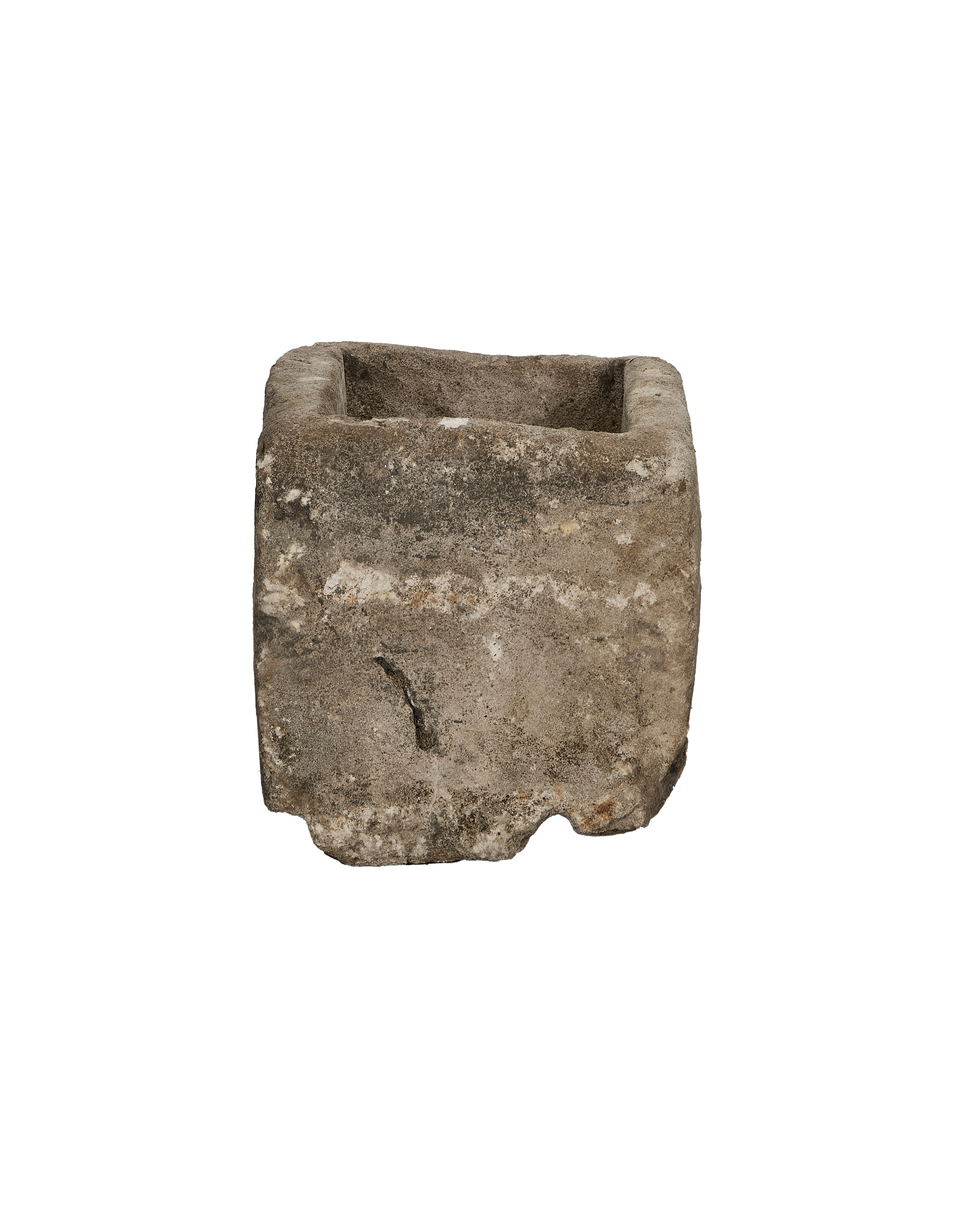Vintage Indonesian limestone trough, top opening detail, showing weathered texture, side view.