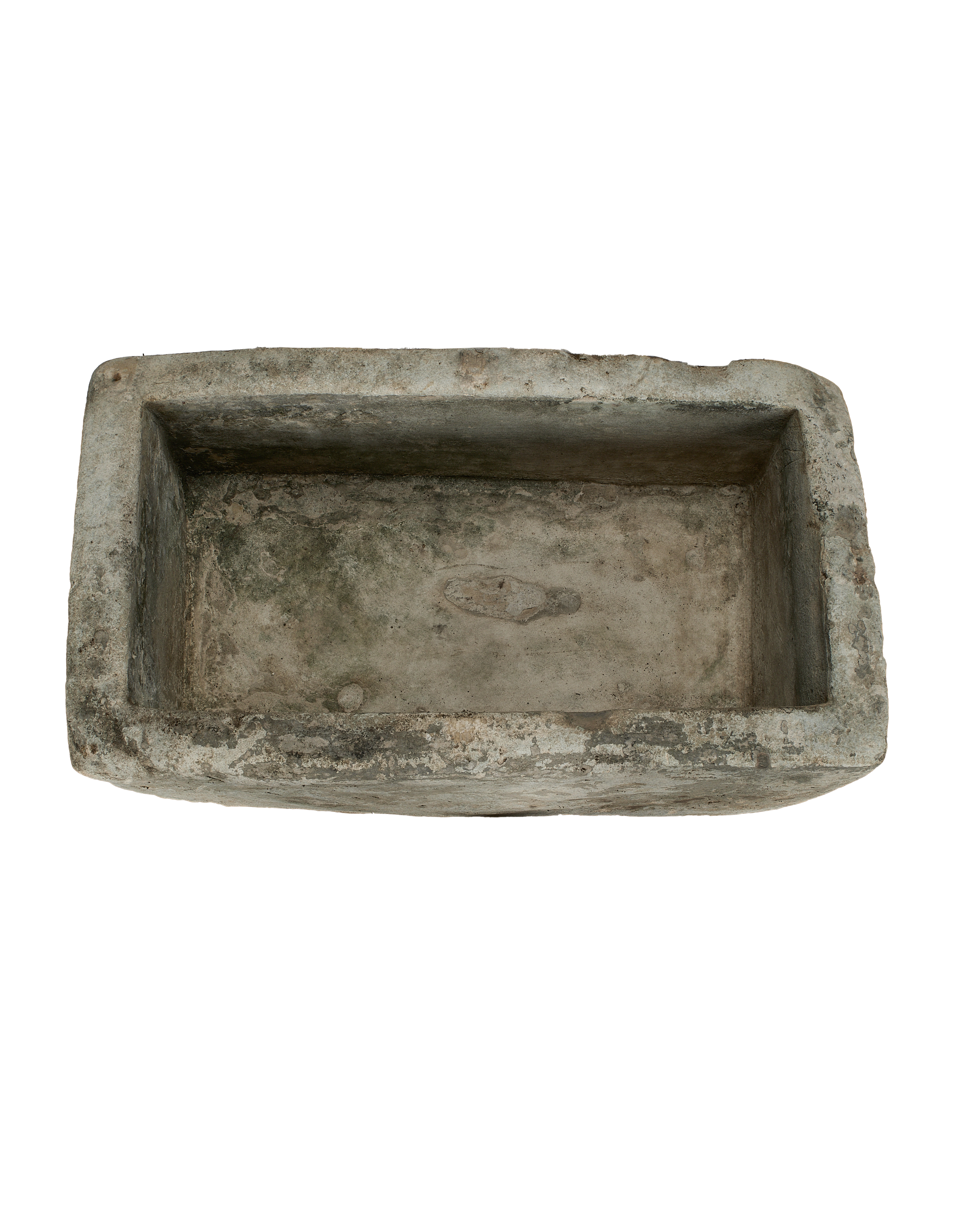 Vintage Indonesian rectangular limestone trough, overhead view highlighting weathered interior texture.