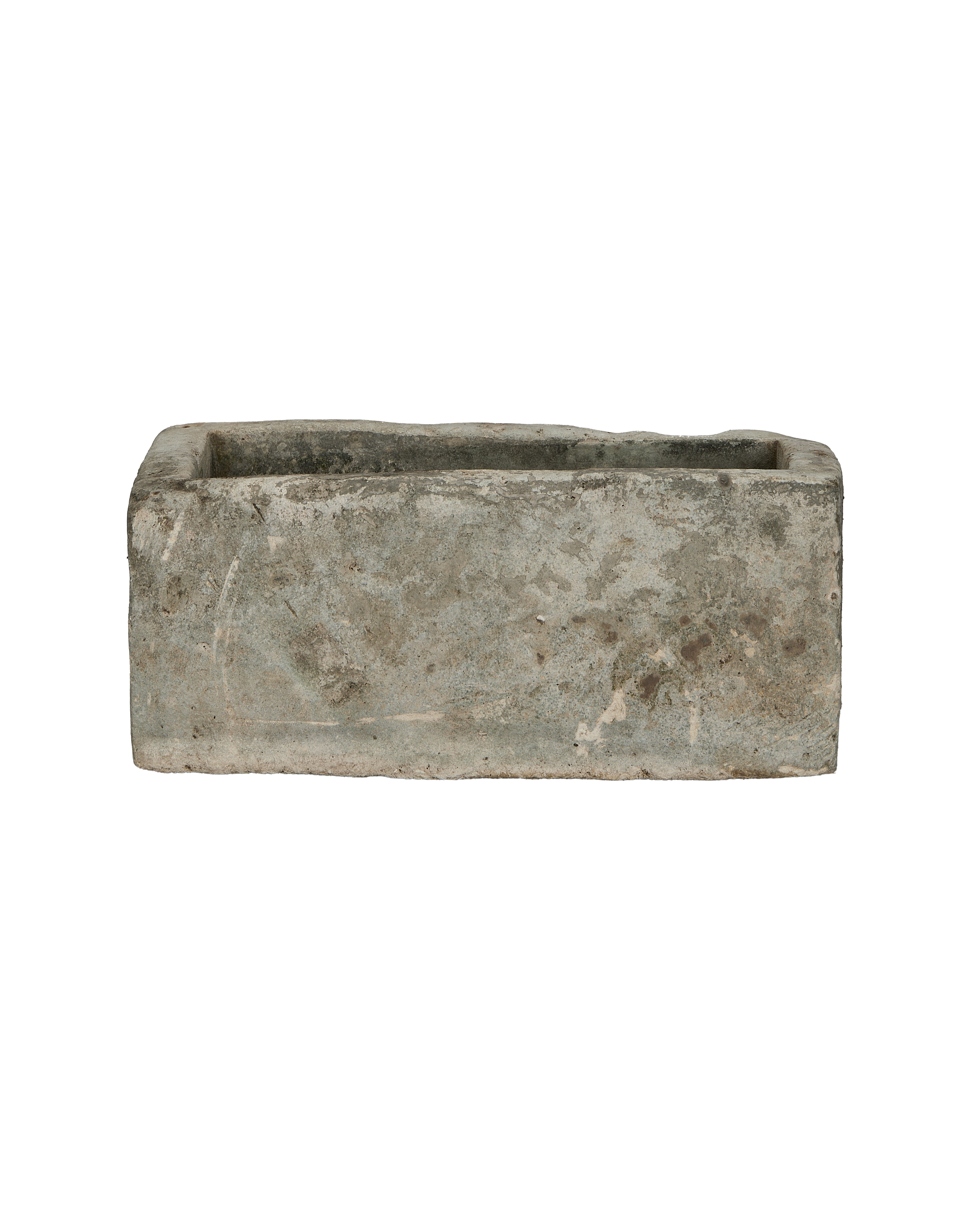 Vintage rectangular rough-hewn Indonesian limestone trough with visible aging and texture.