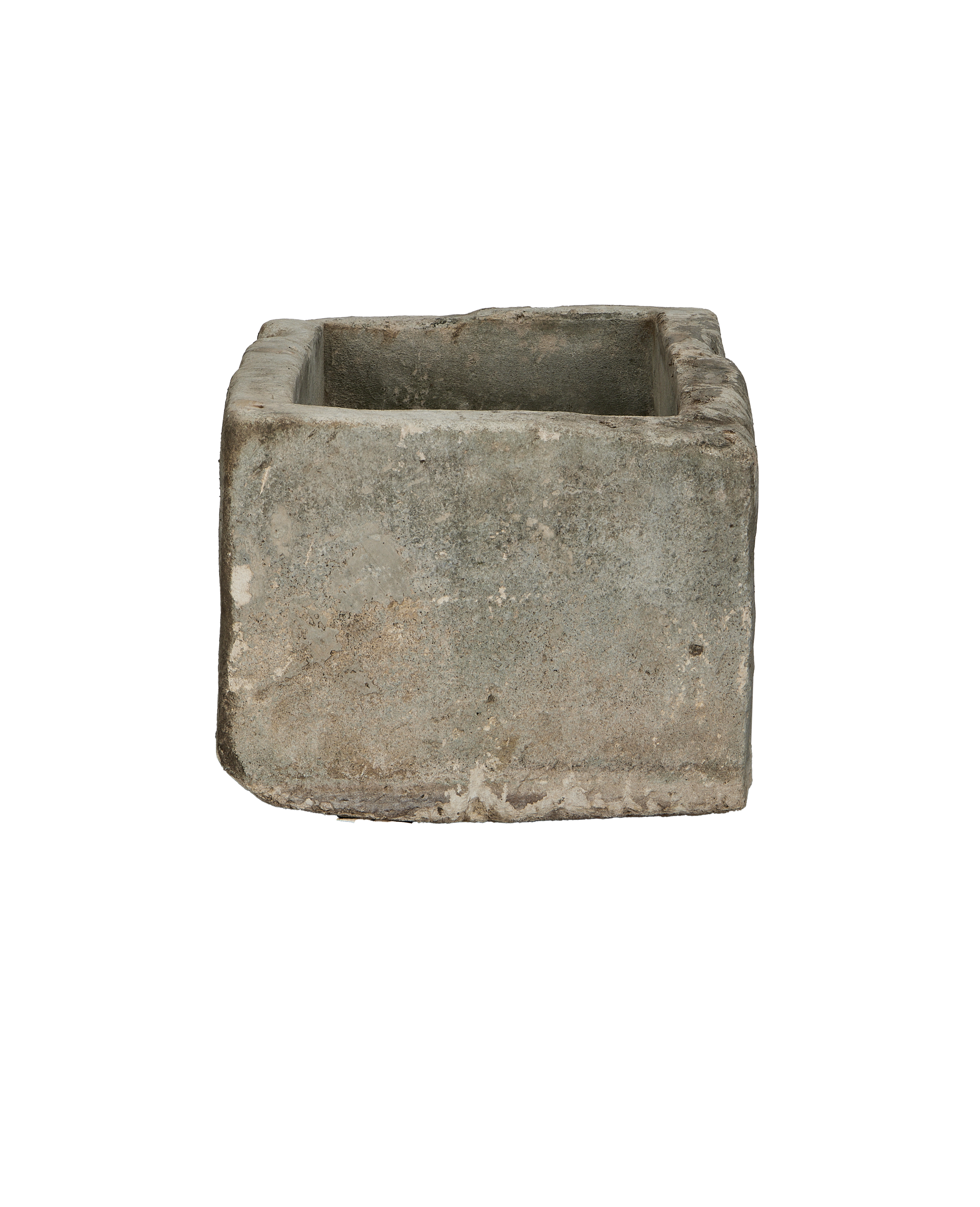 Vintage rectangular limestone trough, front-facing view showing weathered texture and natural imperfections.