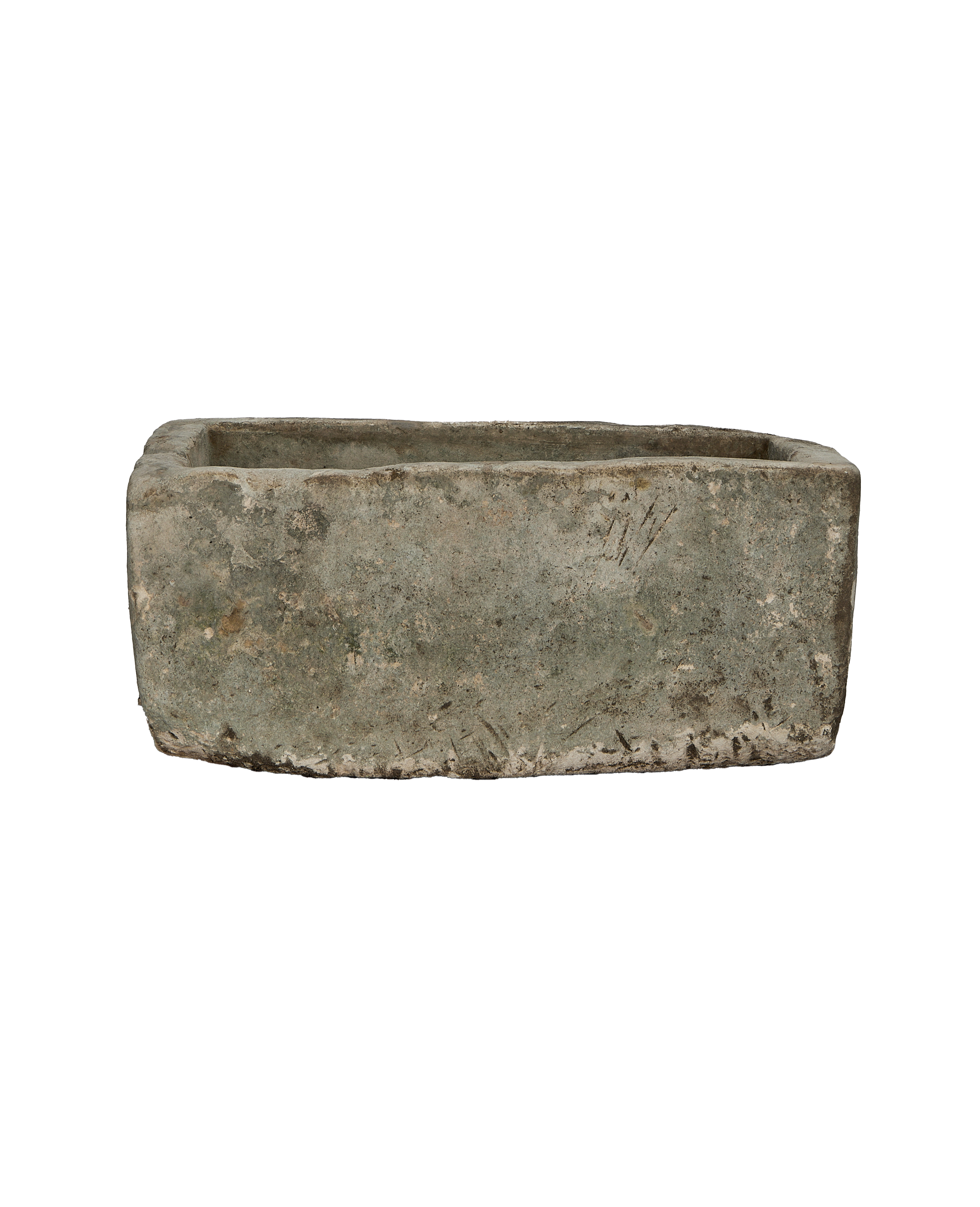 Vintage rectangular Indonesian limestone trough, OAK style, showing weathered side texture.