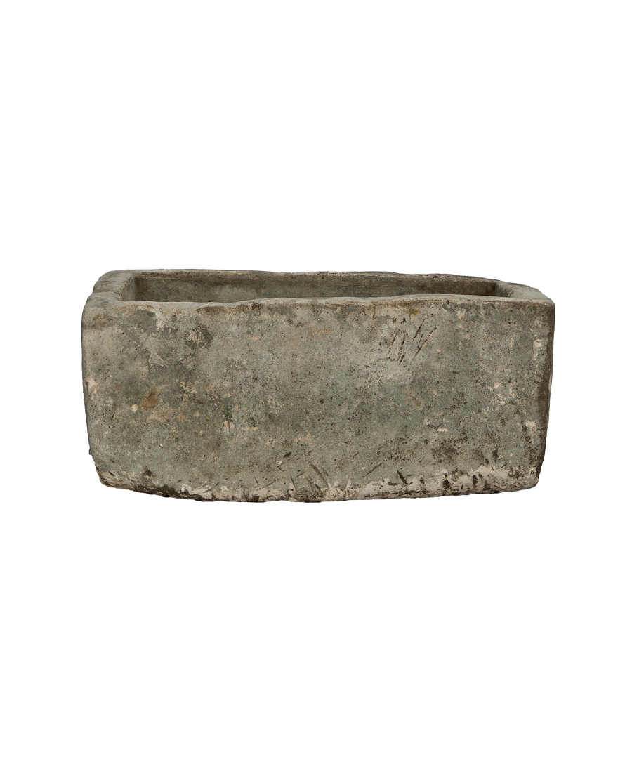 Vintage rectangular Indonesian limestone trough, OAK style, showing weathered side texture.
