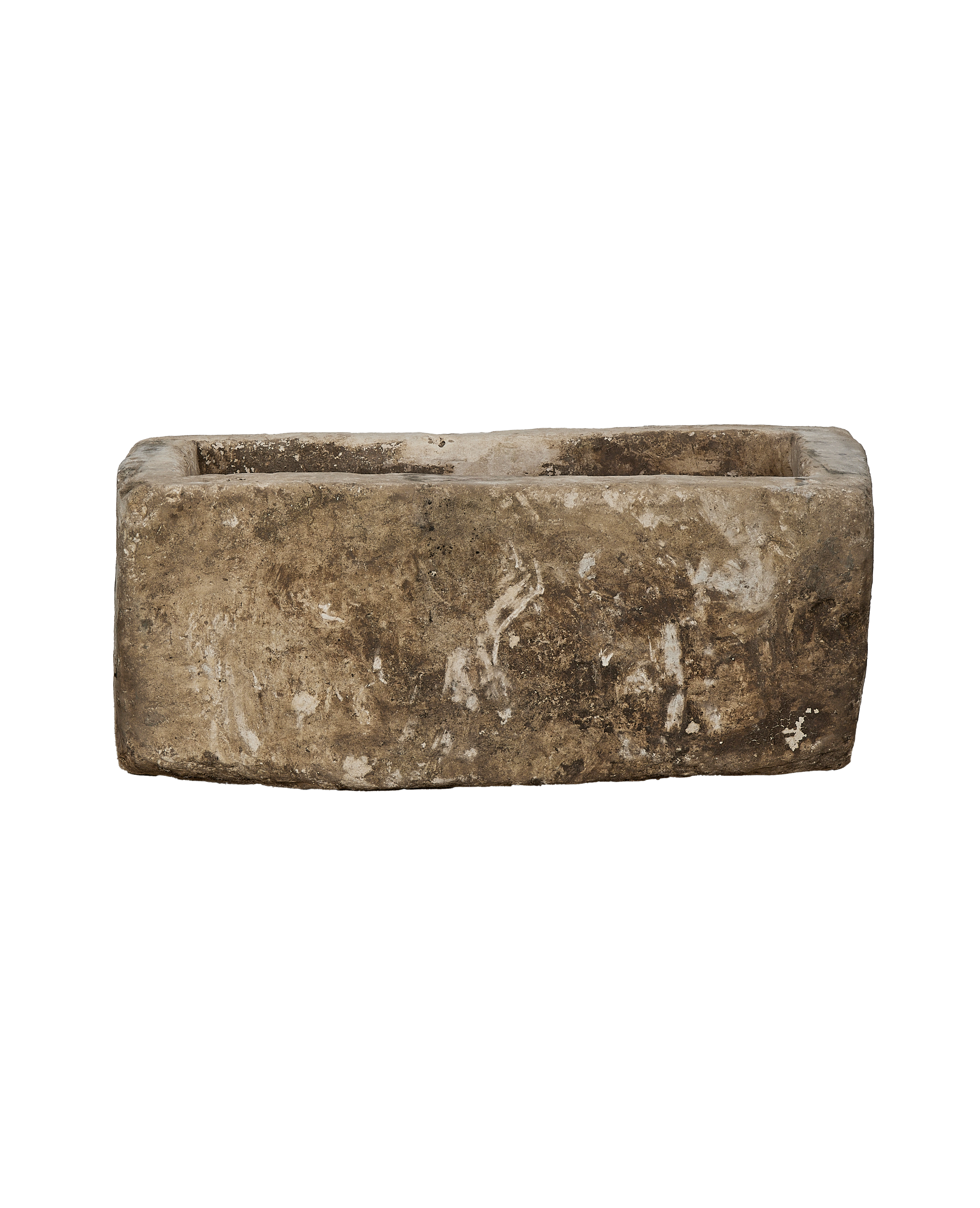 Vintage Indonesian rectangular limestone trough planter, weathered texture in shades of brown and white.