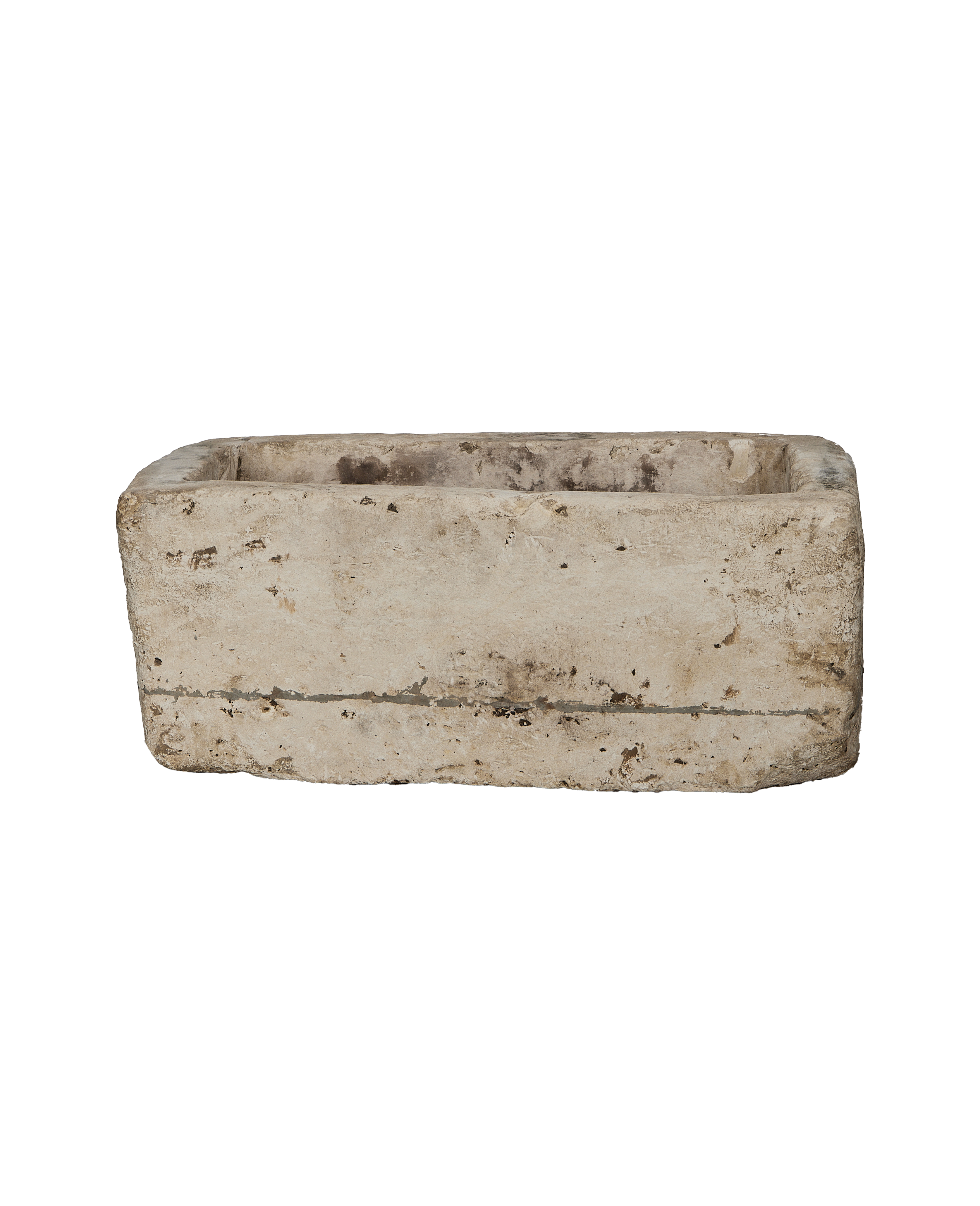 Vintage limestone trough, rectangular, from Indonesia, weathered light finish, top view showing interior.
