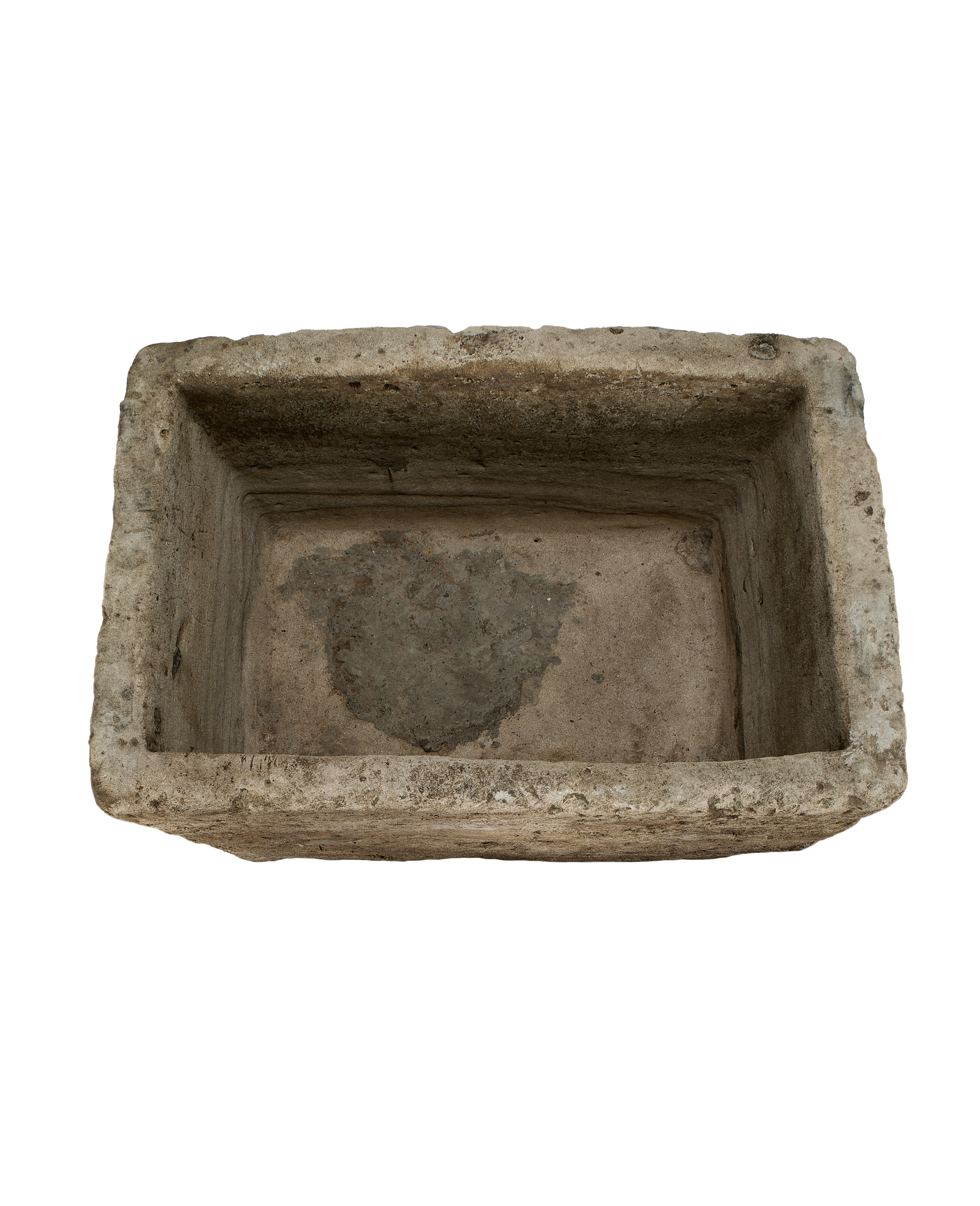 Vintage rectangular limestone trough, showing the rustic, textured interior basin and rough-hewn edges.