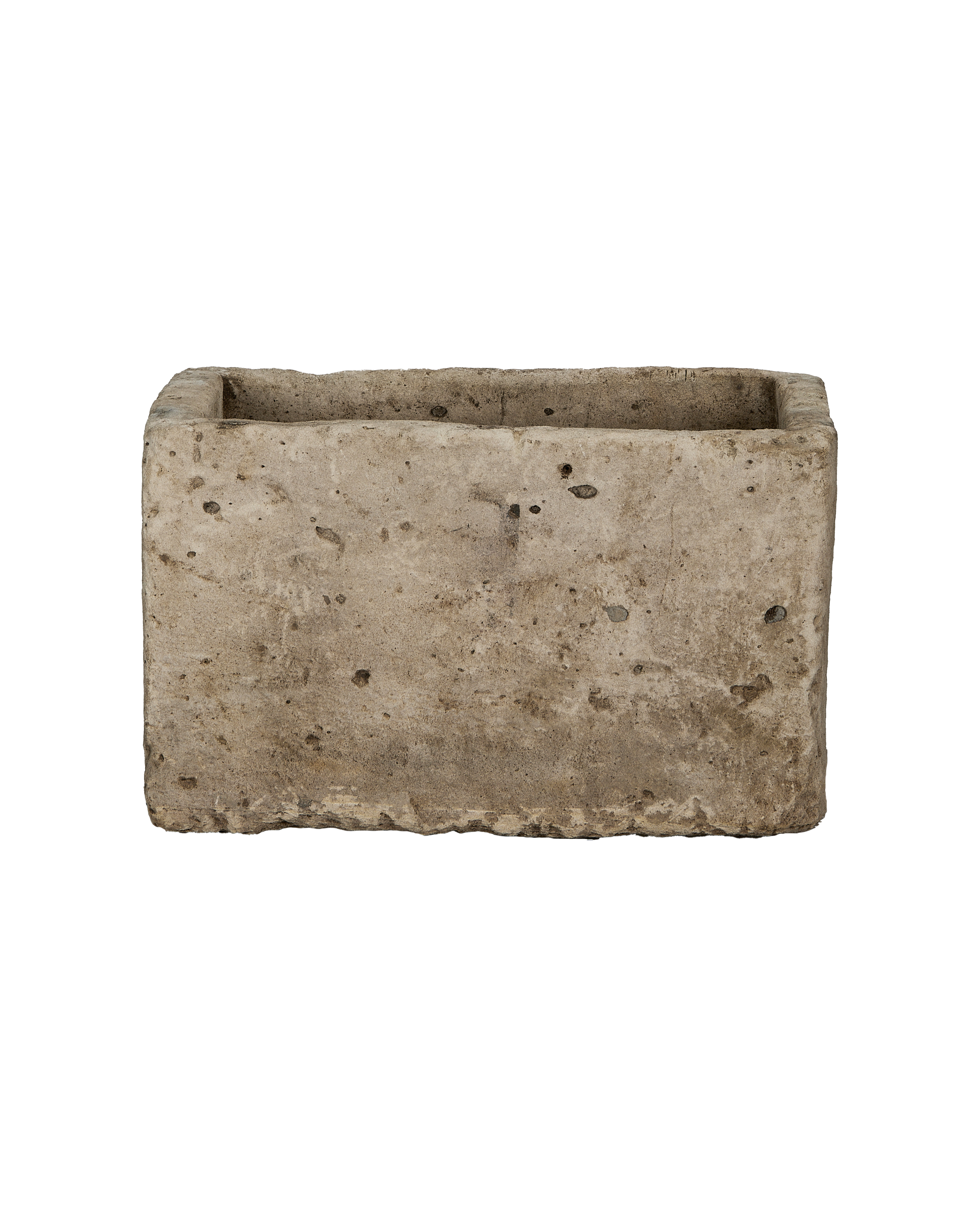 Vintage rectangular Indonesian limestone trough with rough, weathered texture and deep patina.