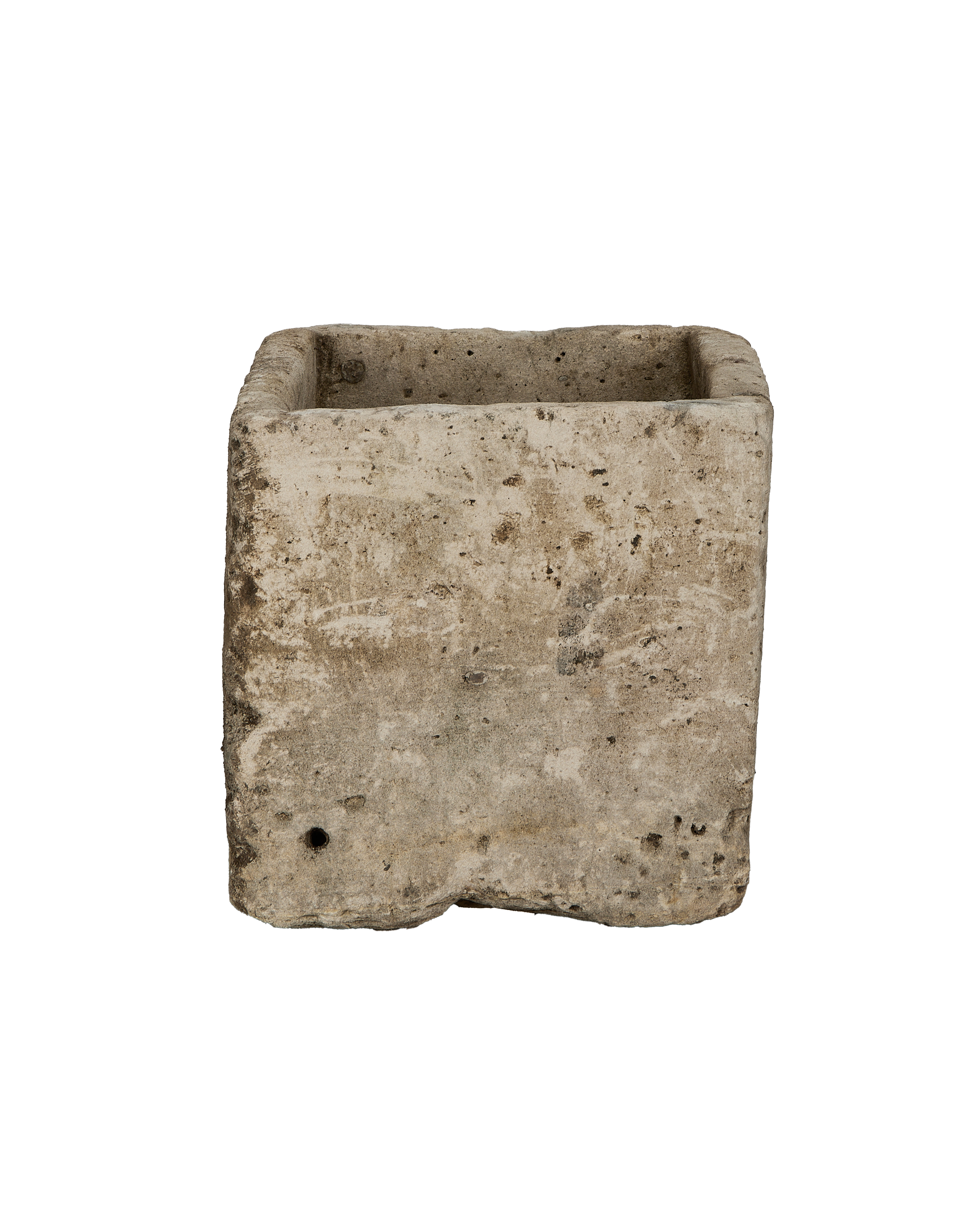 Vintage Indonesian limestone trough, OAK rectangle, weathered side view with drainage hole details.