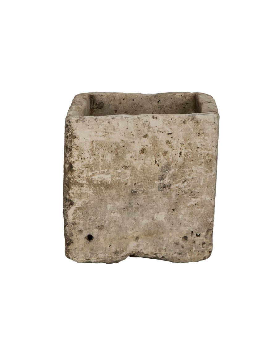 Vintage Indonesian limestone trough, OAK rectangle, weathered side view with drainage hole details.