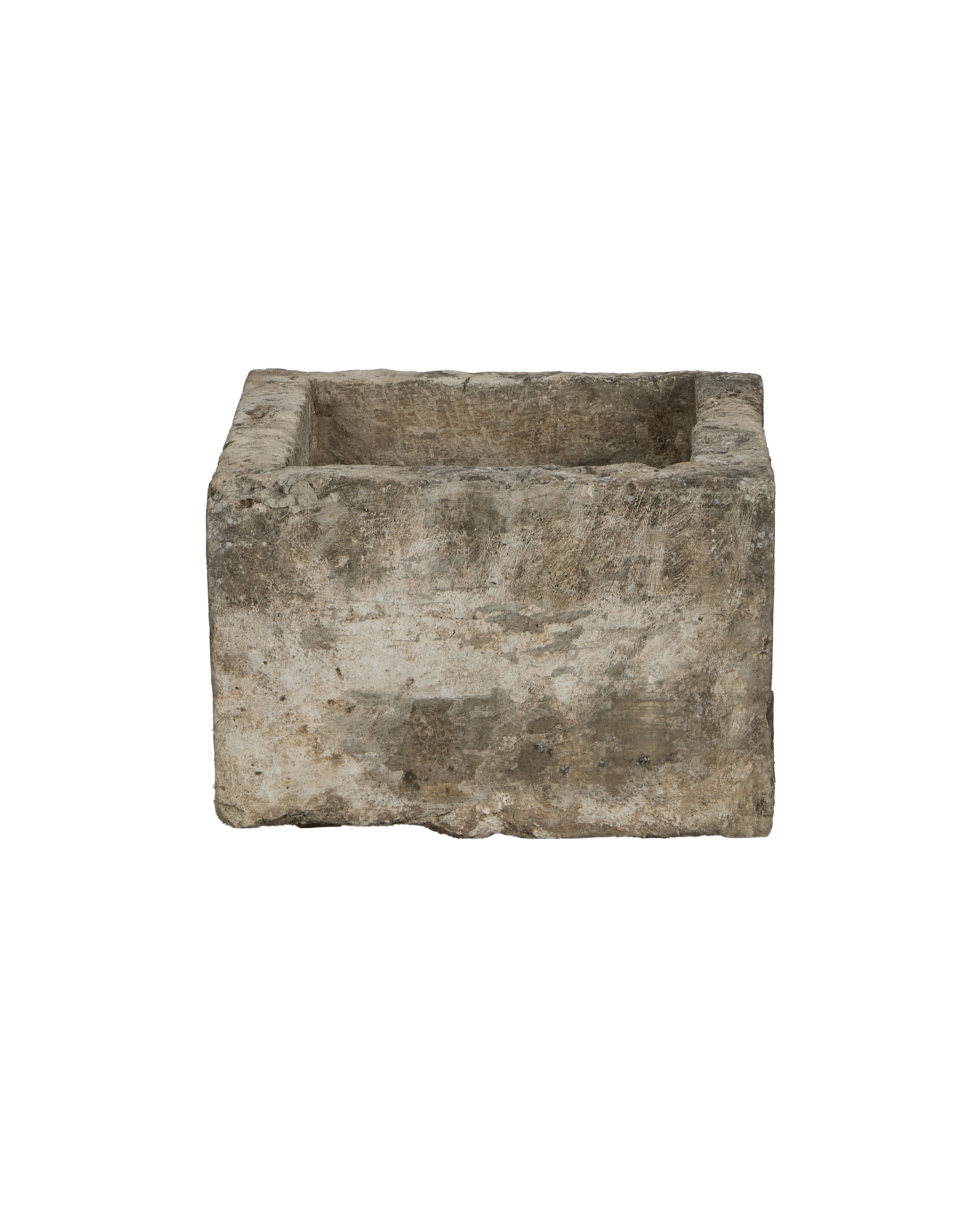 Vintage Indonesian limestone trough viewed from above, highlighting weathered patina and texture.
