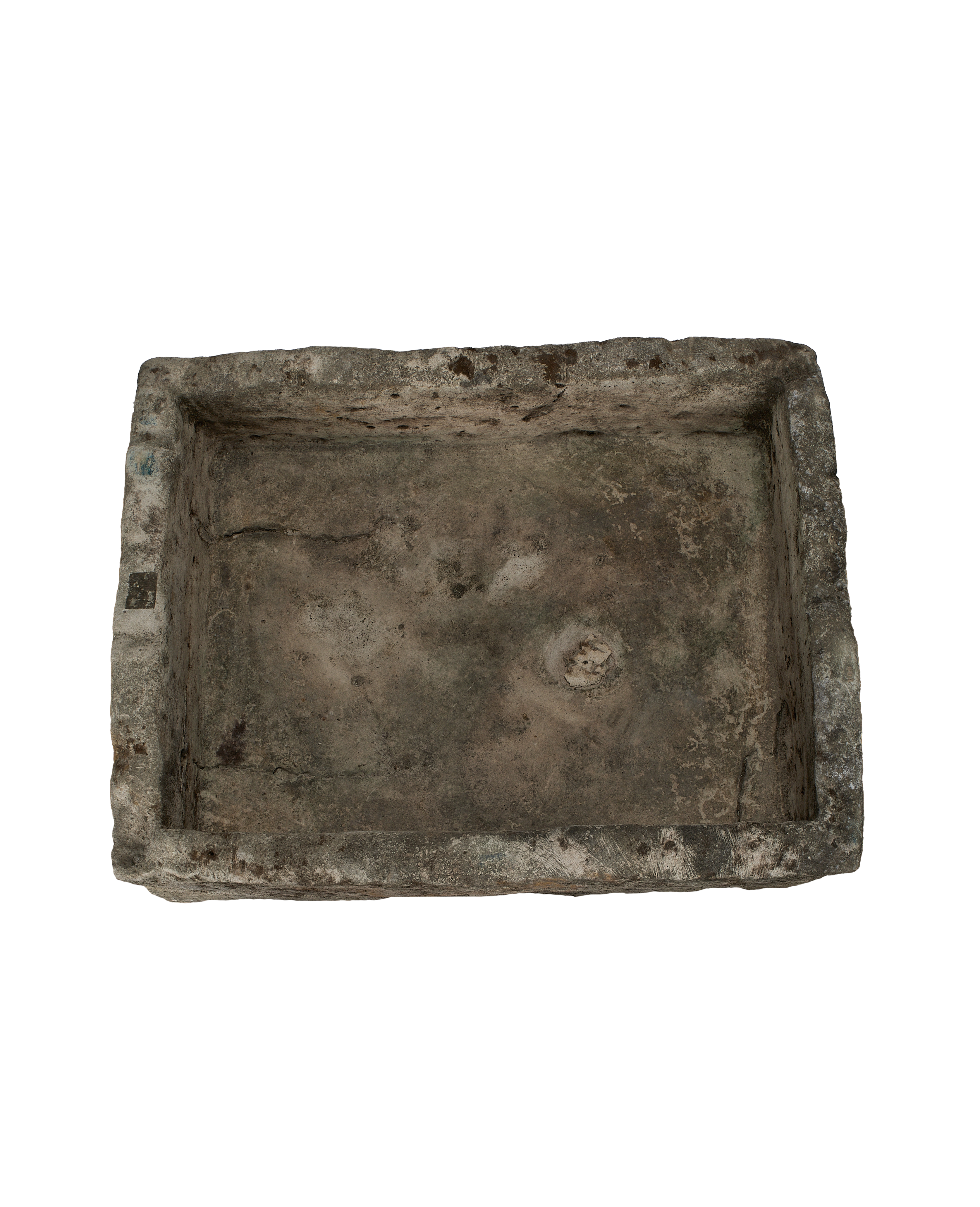 Vintage Indonesian limestone trough, top view down into rectangular form, showing weathered texture.
