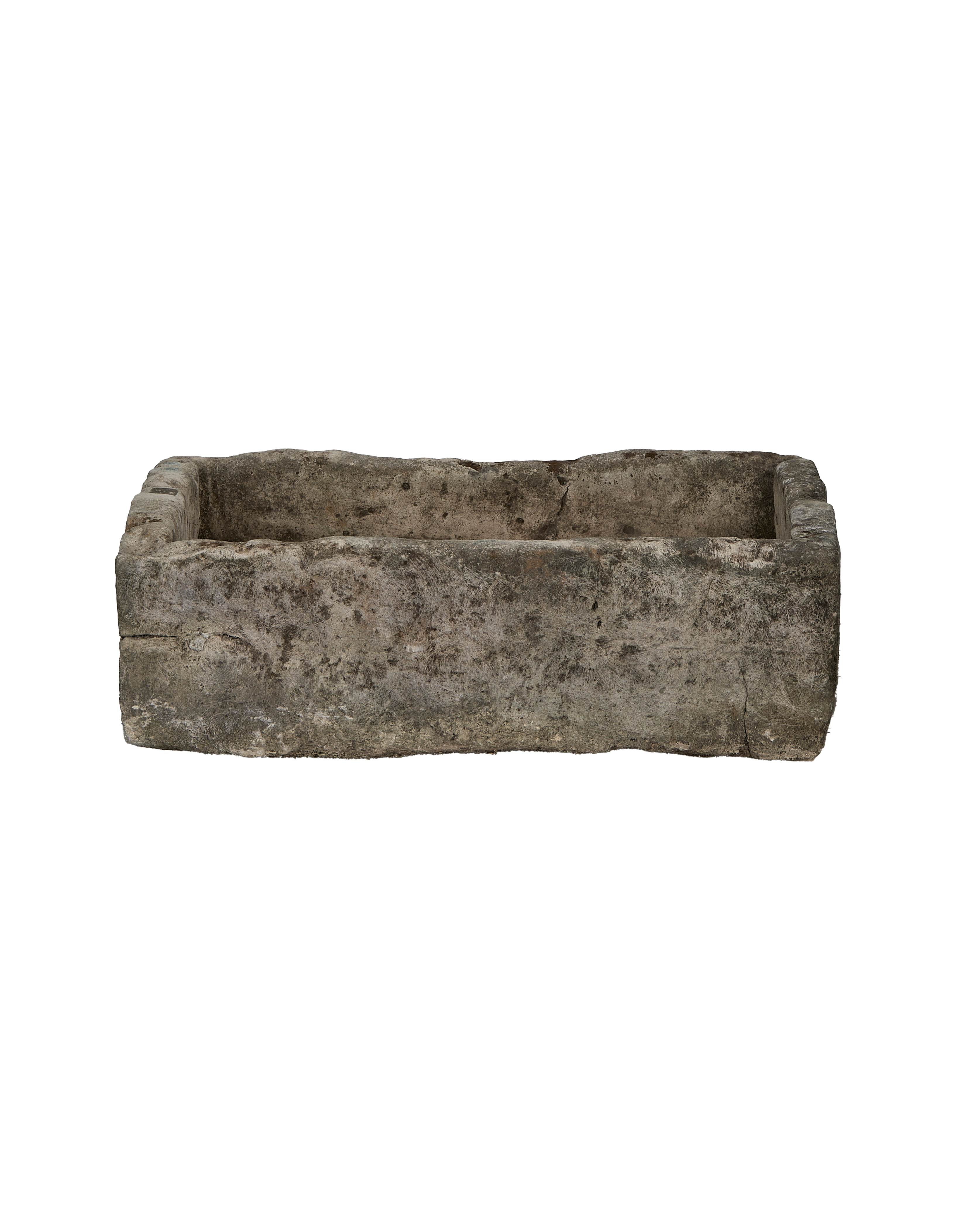 Vintage rectangular limestone trough, weathered gray, with rough, textured edges from Indonesia.