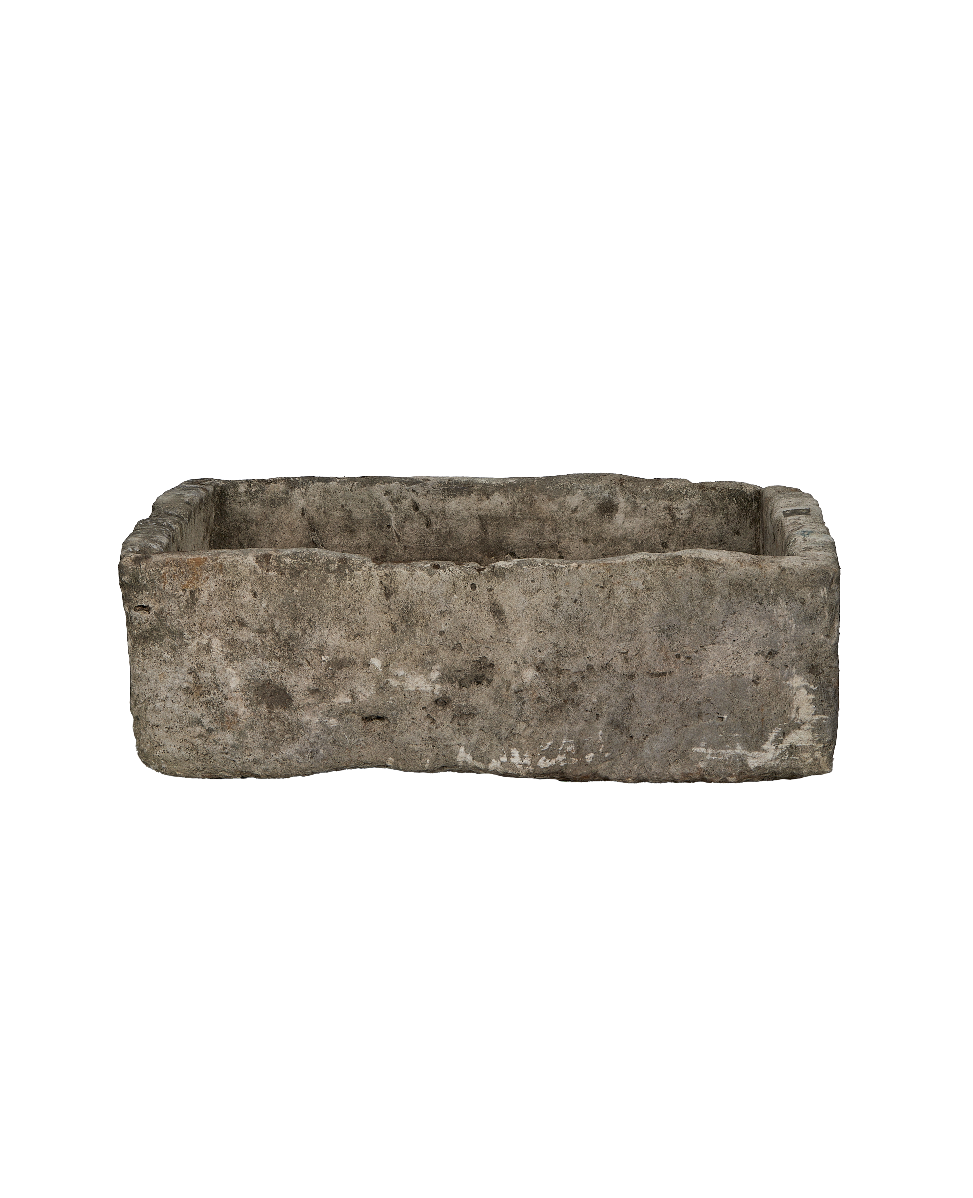 Vintage Indonesian limestone trough, rectangular, showcasing eroded, weathered texture from a top-down angle.