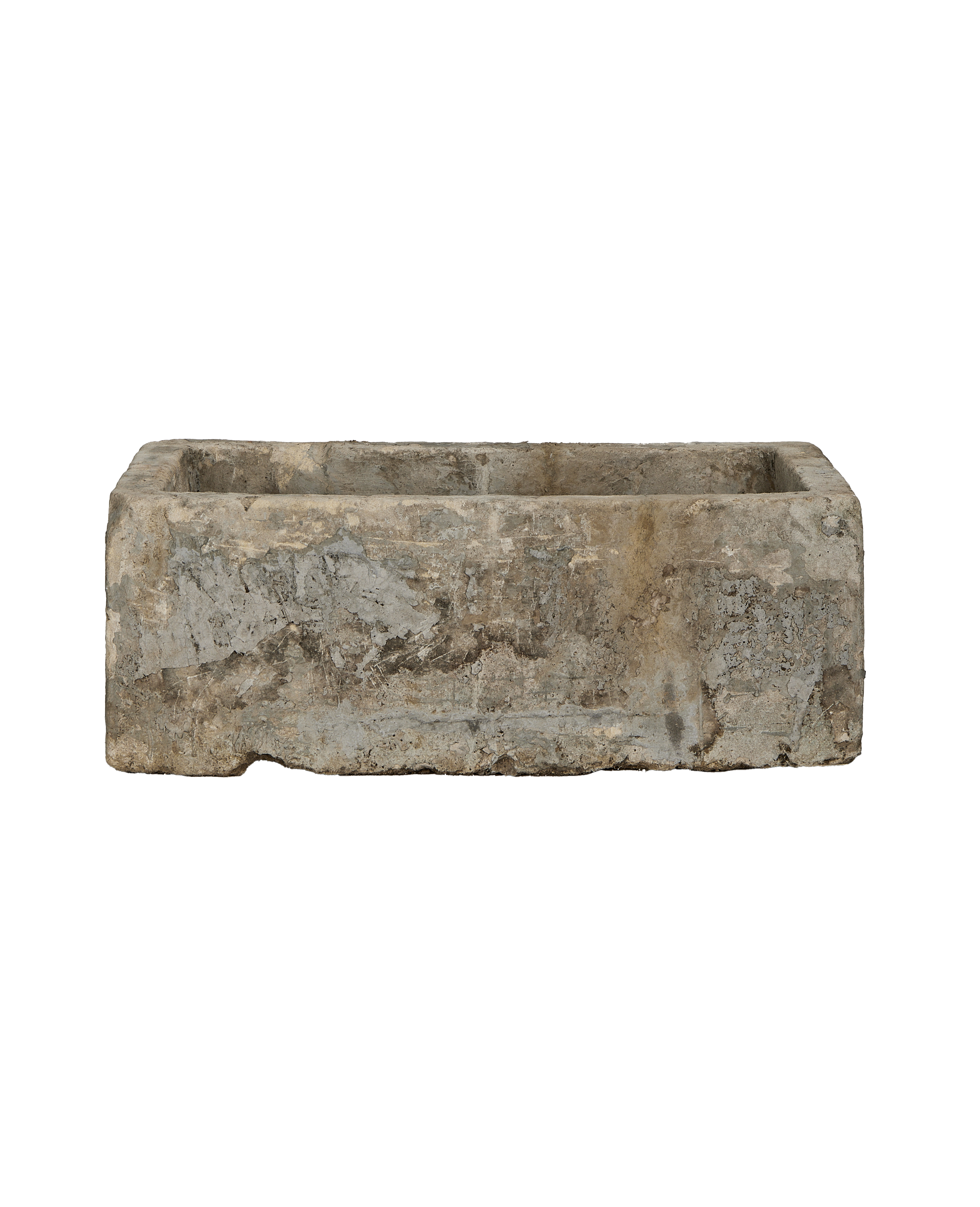 Vintage Indonesian limestone trough, rectangular, with textured, weathered gray-brown surface.