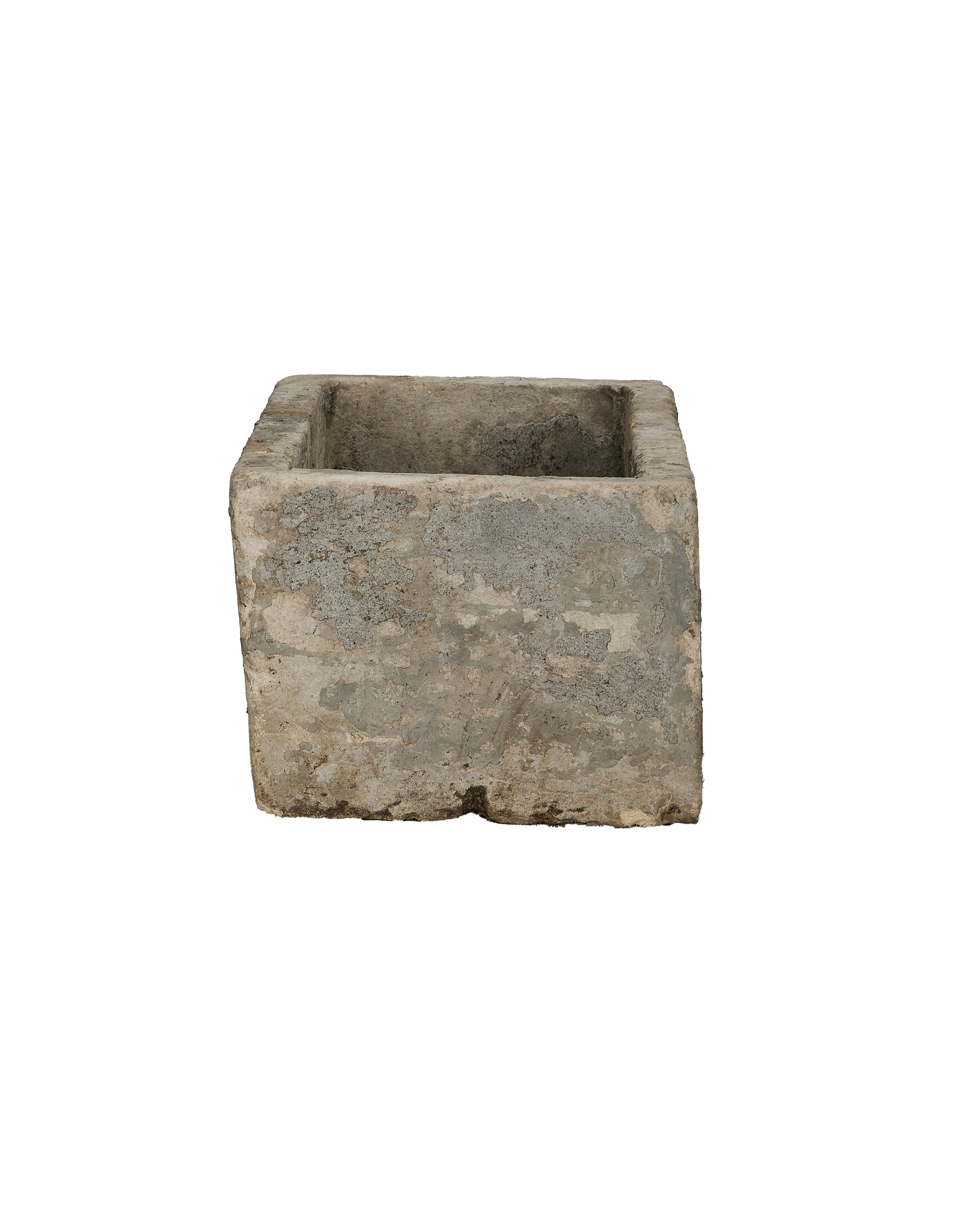 Vintage Indonesian limestone trough, rectangular, with distressed aged texture, side view.