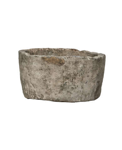 Vintage round limestone trough, aged grey patina, weathered texture, from Indonesia.