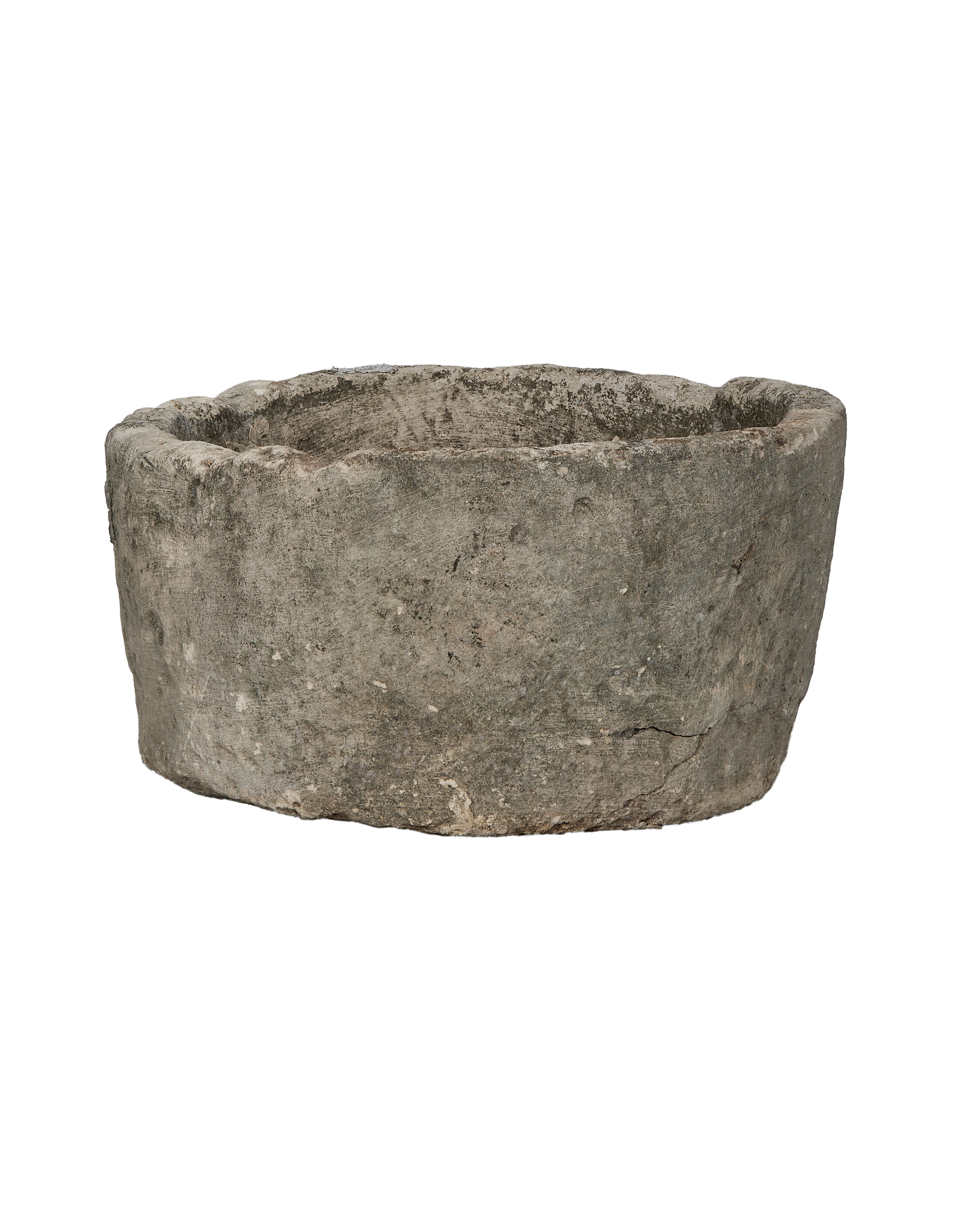 Vintage round limestone trough, aged grey patina, rough texture, Indonesian origin.