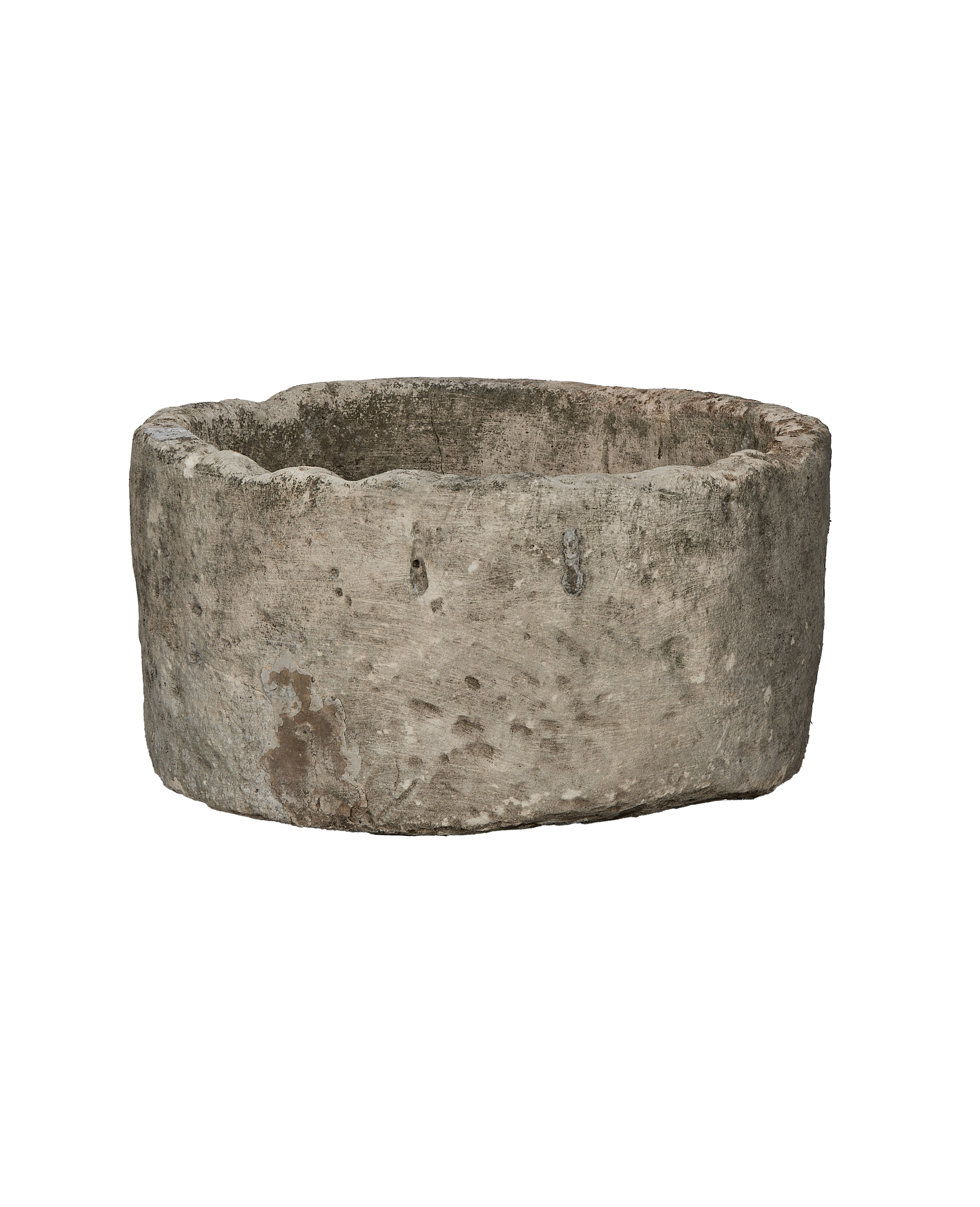 Vintage round limestone trough (Indonesia), showing rugged, weathered texture and aged patination.