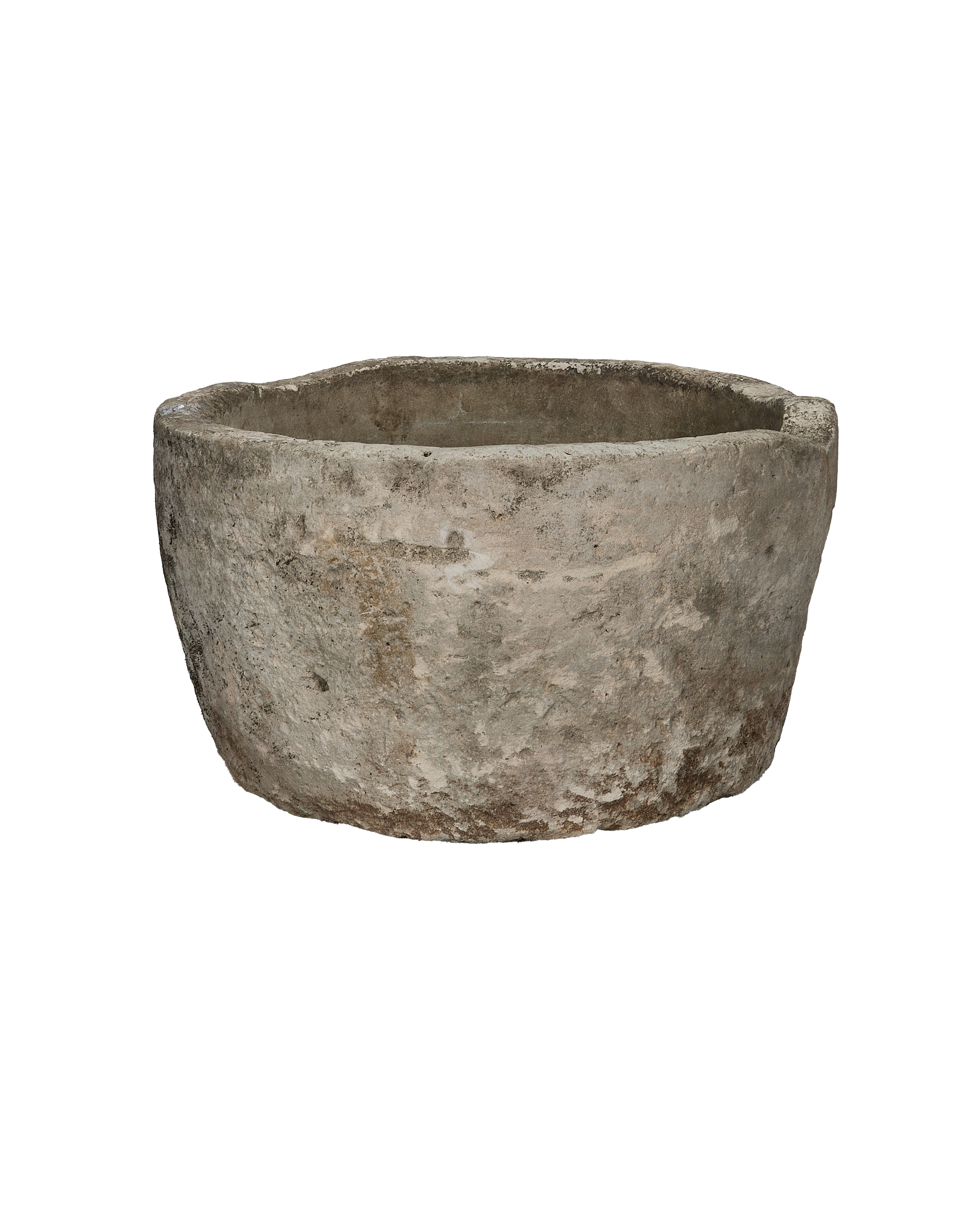 Vintage round limestone trough, naturally weathered grey Indonesian garden planter.