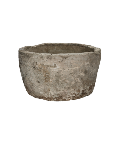 Vintage round limestone trough, naturally weathered grey Indonesian garden planter.