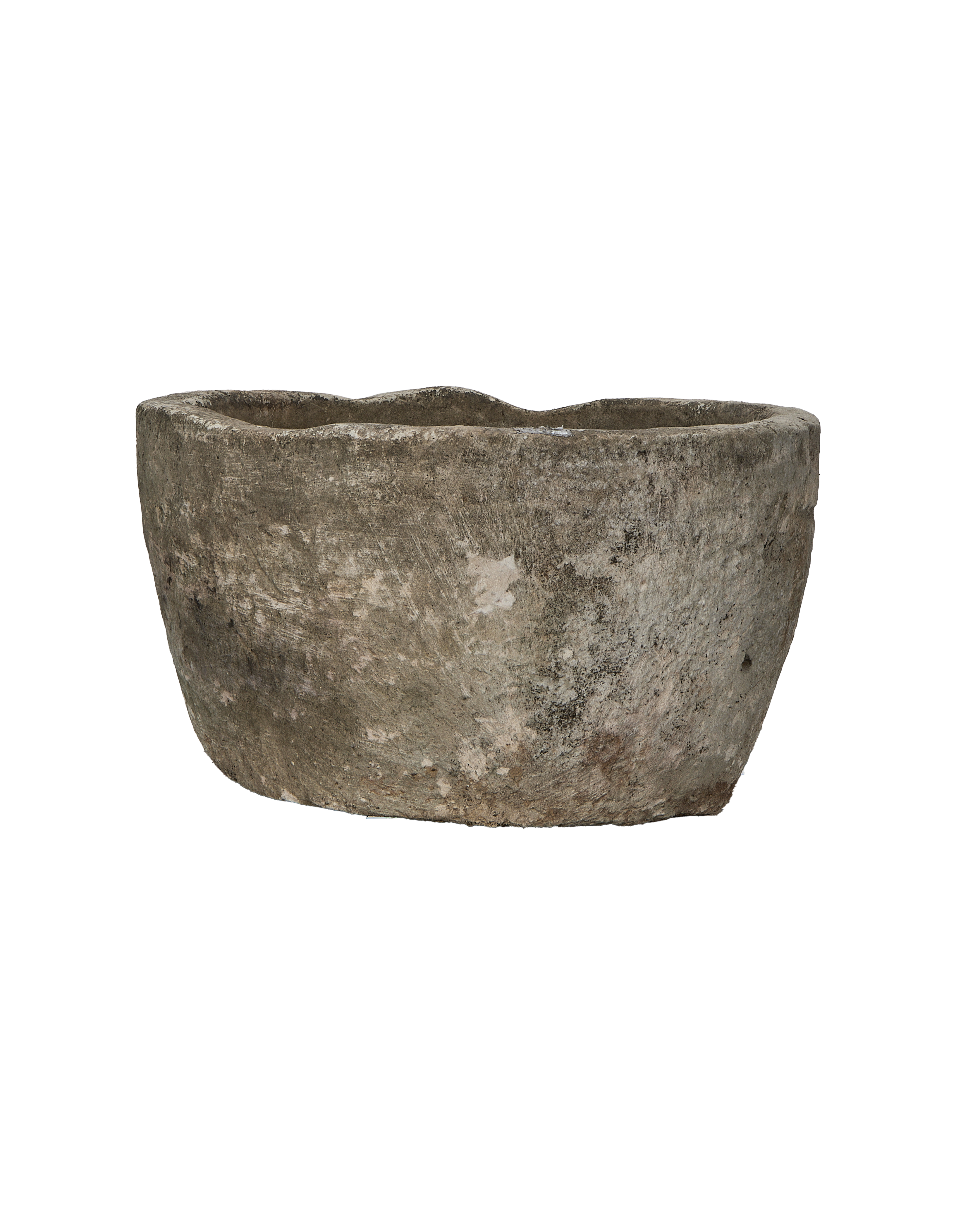 Vintage Indonesian round limestone trough, showing weathered texture and natural gray tone.