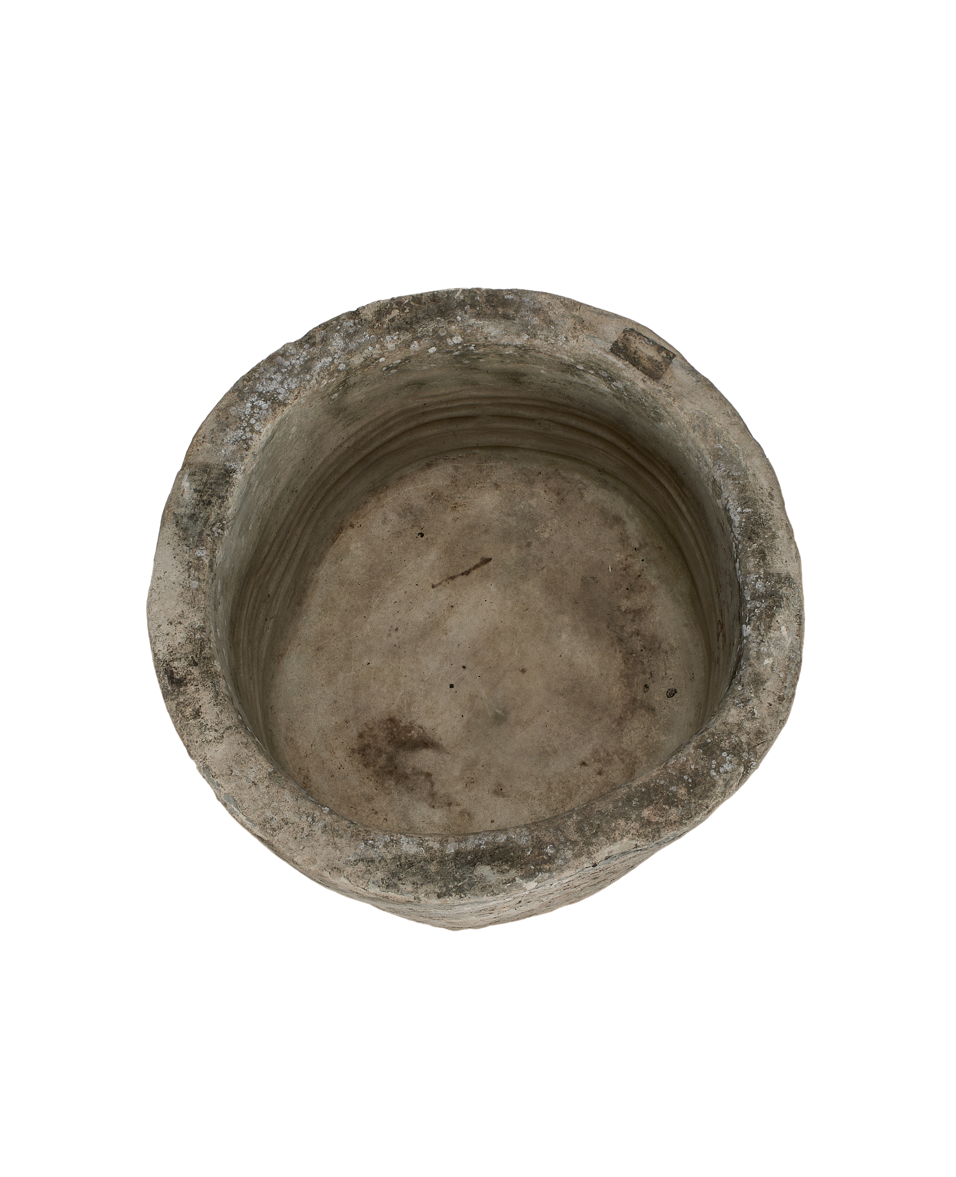 Vintage round limestone trough, Indonesia, top-down view showing interior texture and rim detail.