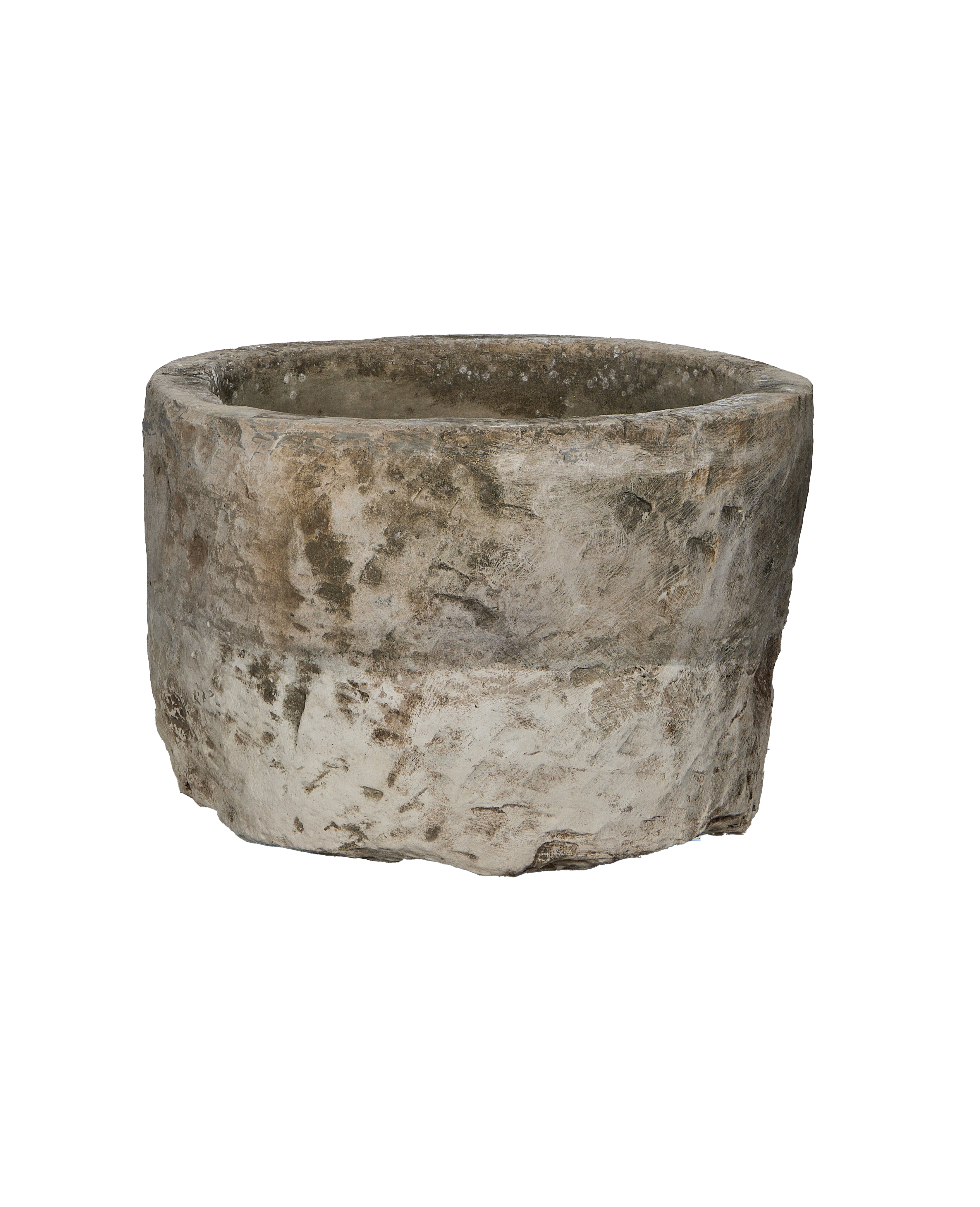 Vintage Indonesian round limestone trough, showcasing weathered texture and natural imperfections from an elevated view.