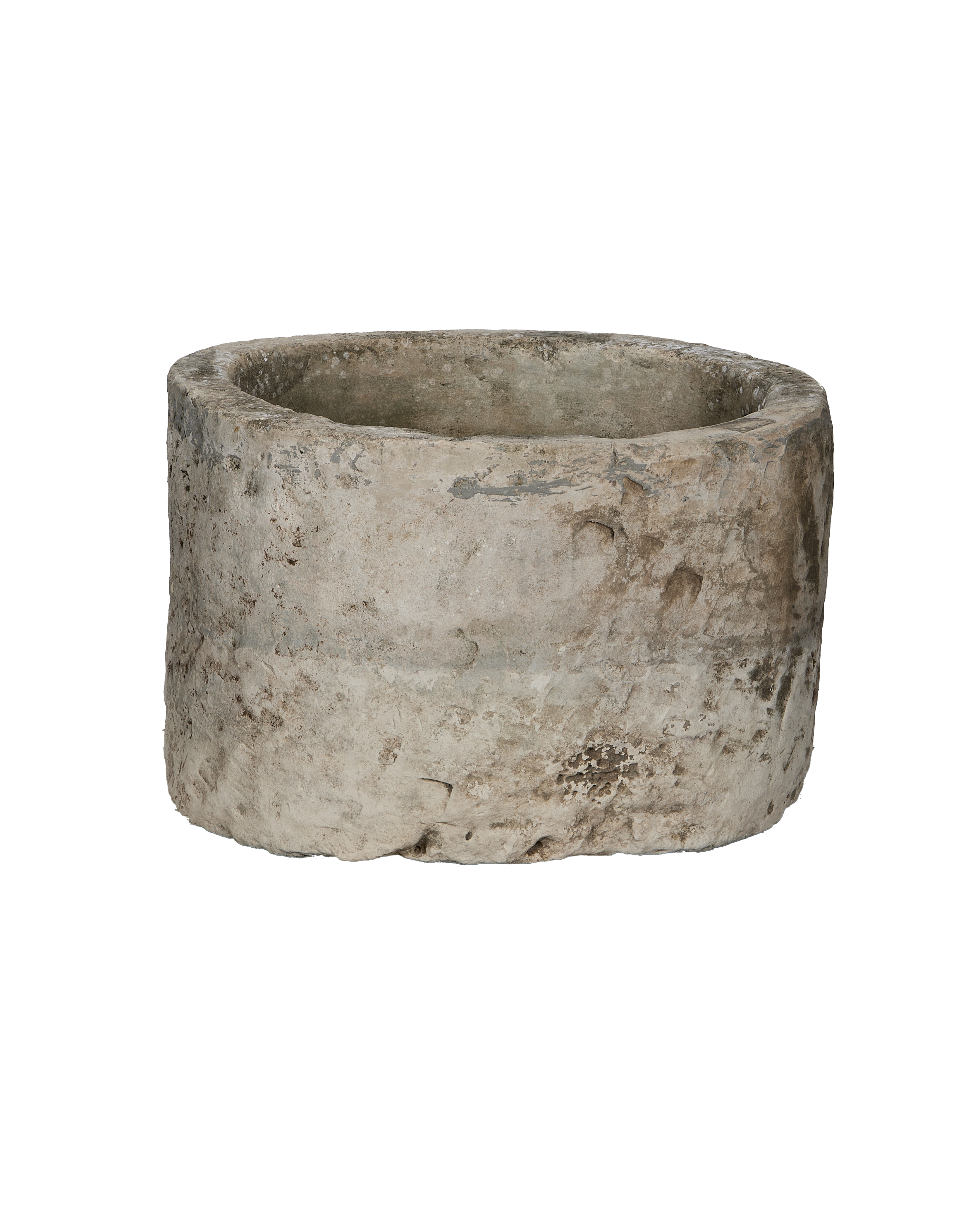 Vintage Indonesian round limestone trough, full-body view, highlights textured surface and weathered condition.