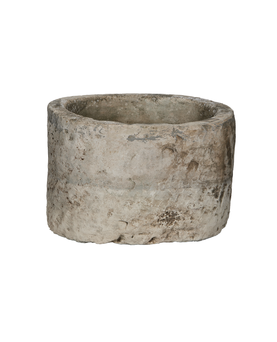 Vintage Indonesian round limestone trough, full-body view, highlights textured surface and weathered condition.