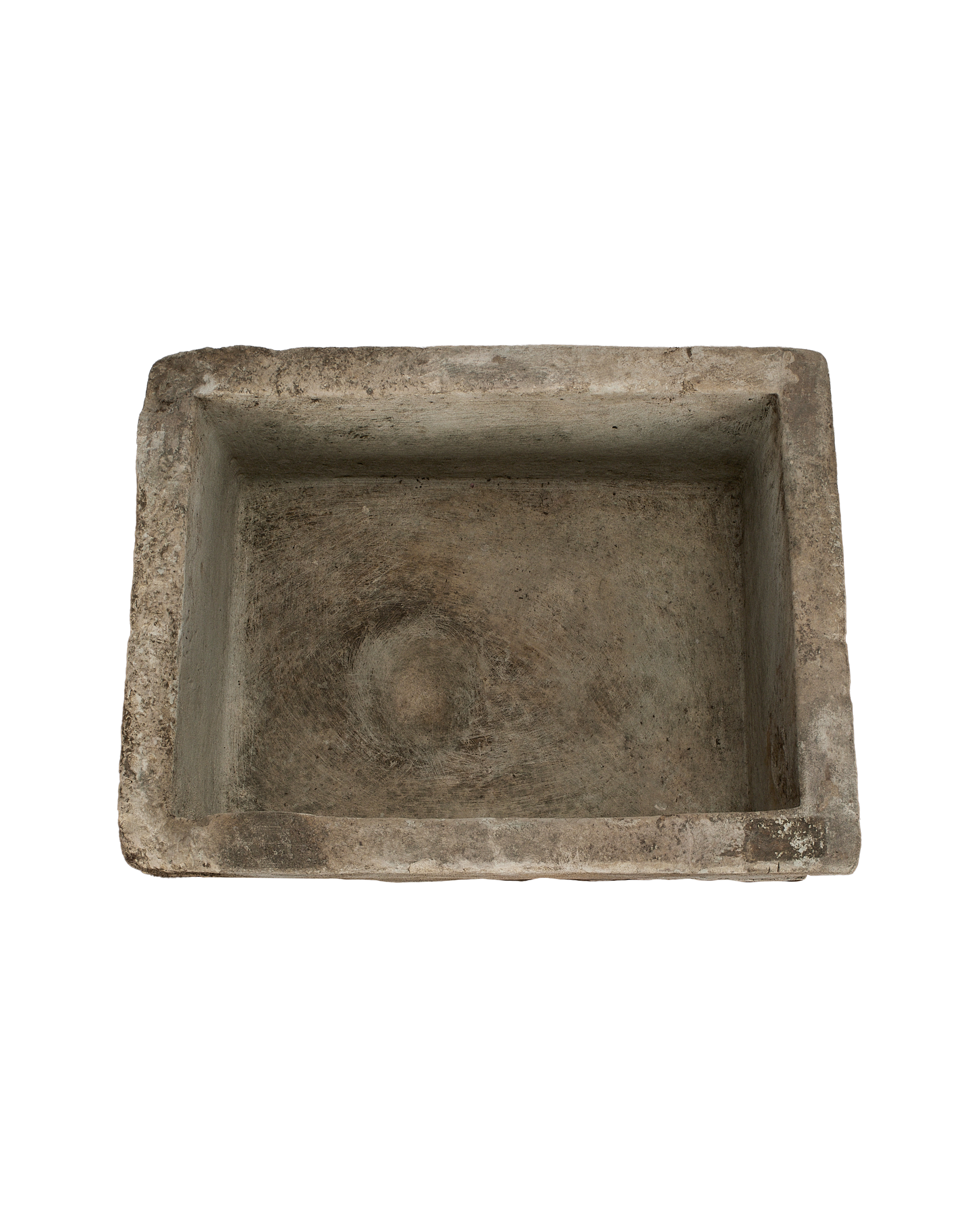 Vintage Indonesian rectangular limestone trough, top-down view showing interior texture and aged patina.