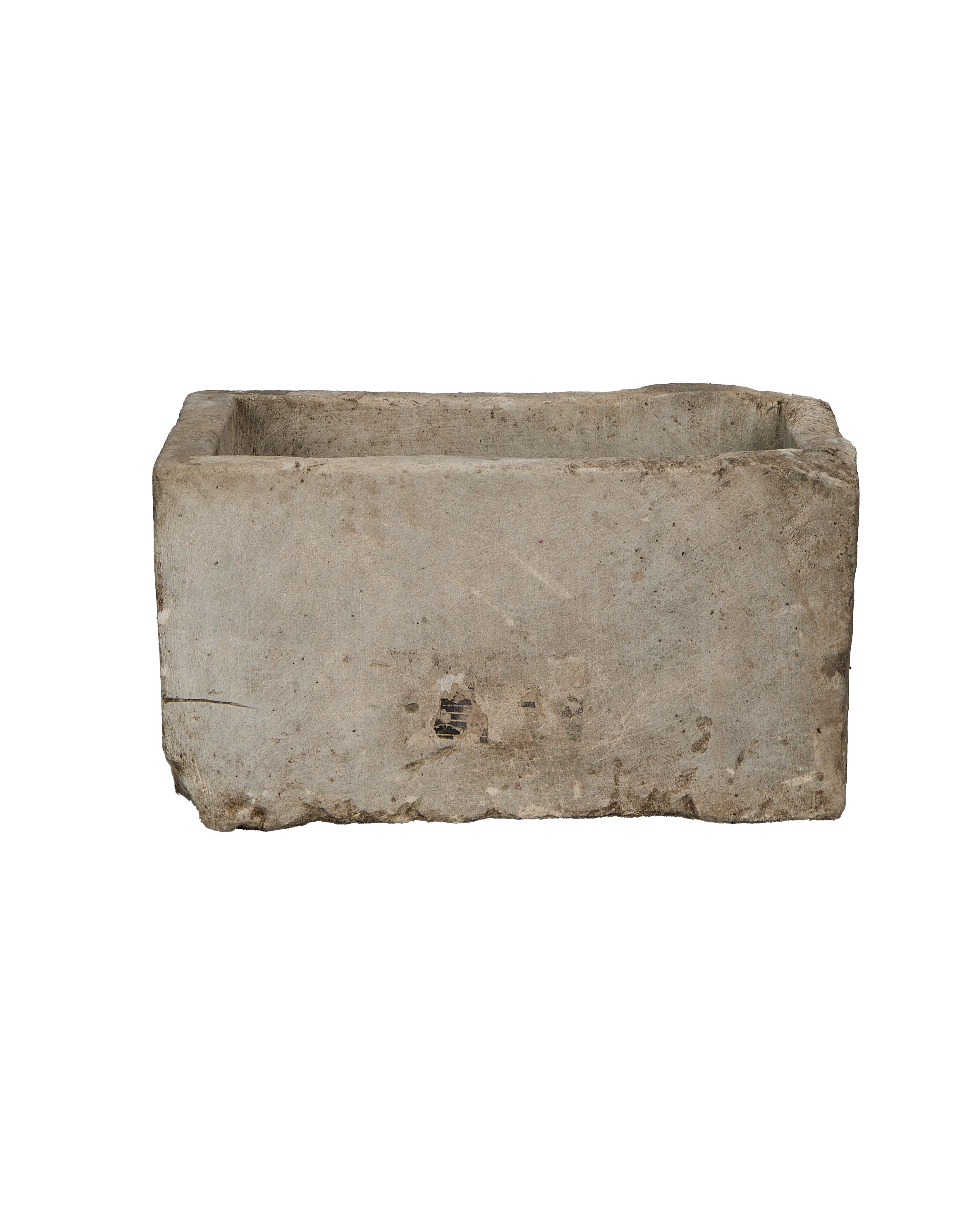 Vintage rectangular limestone trough, showing textured side with natural imperfections from Indonesia.