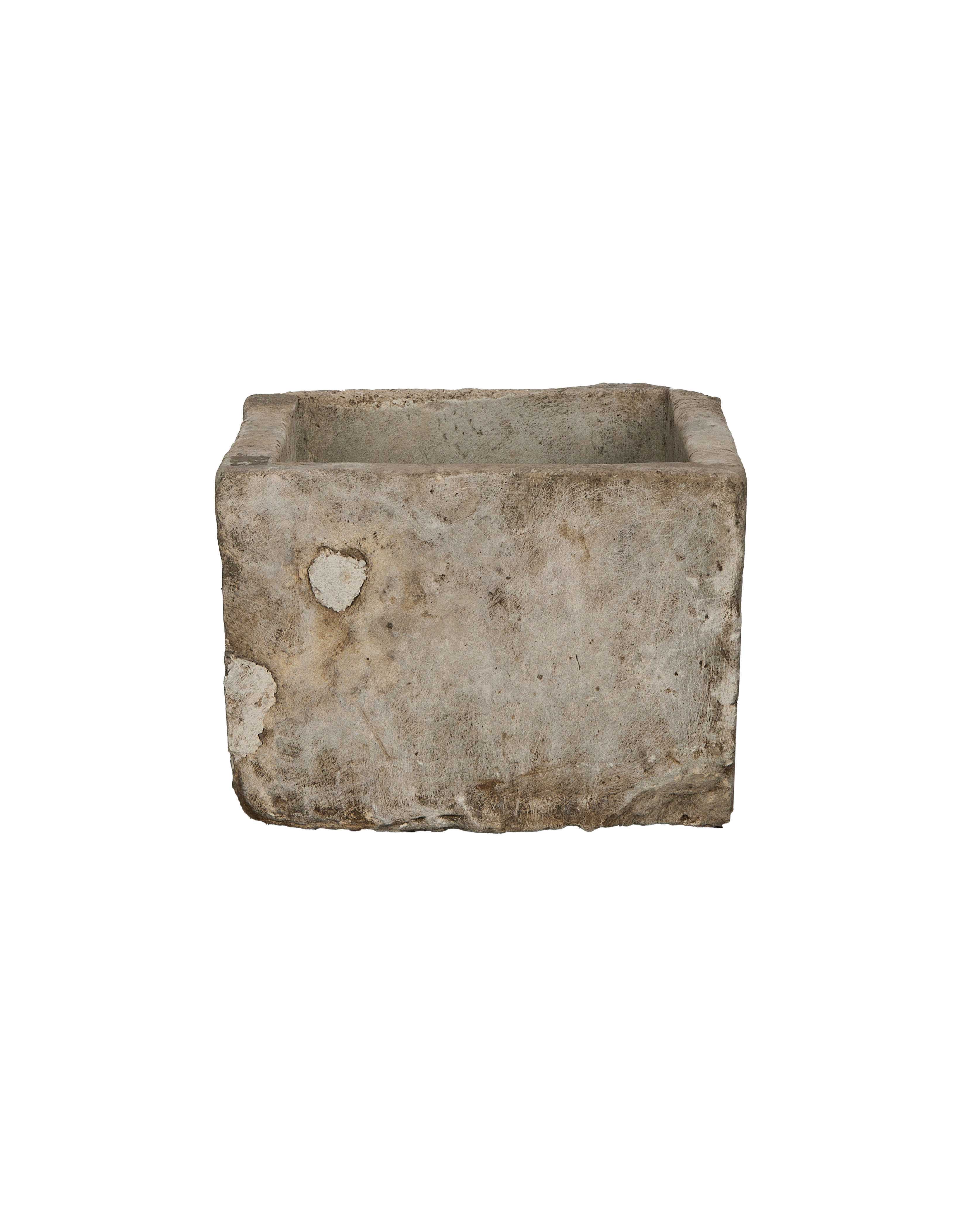 Vintage limestone trough, rectangular, from above showing interior, aged texture.