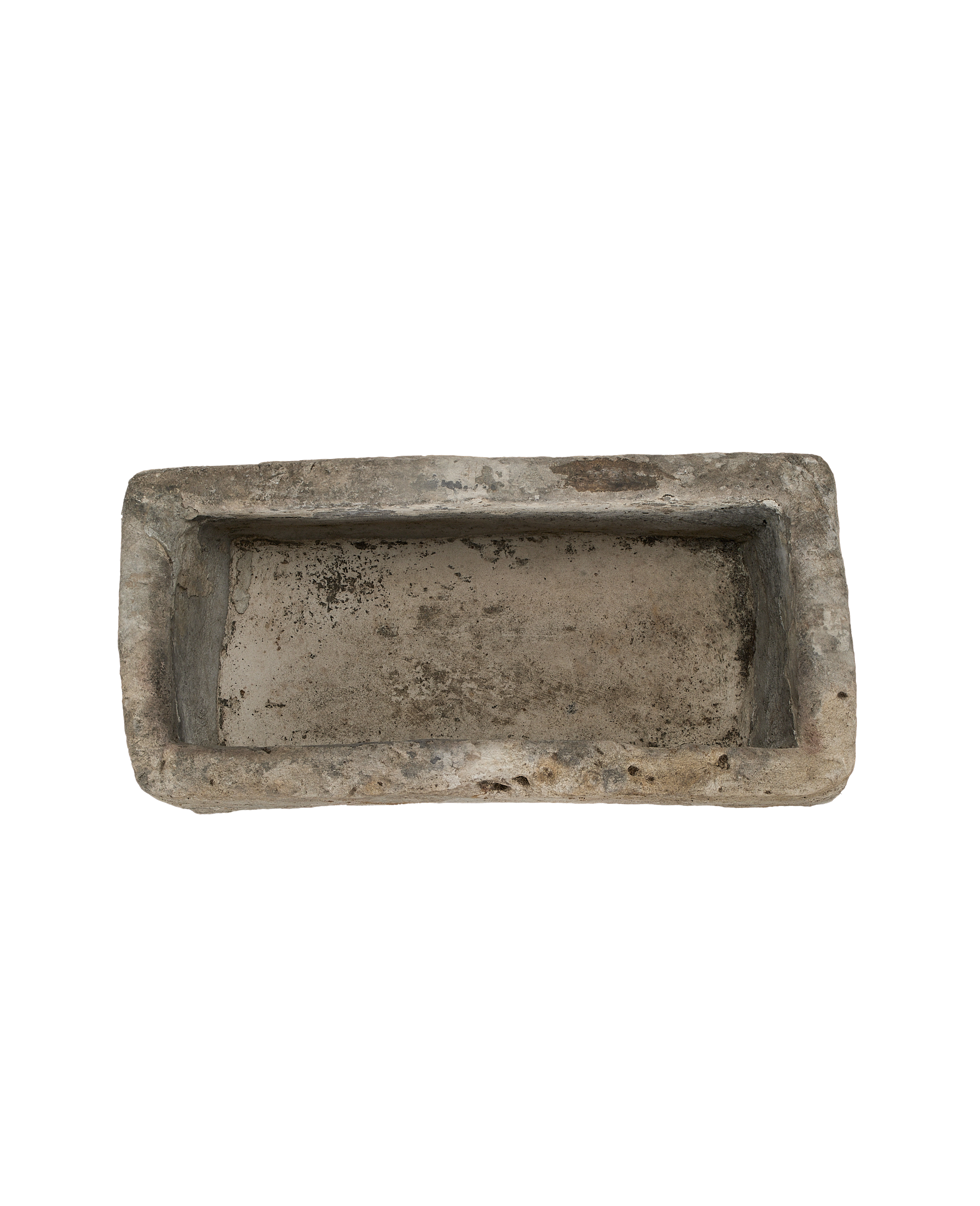 Vintage Indonesian limestone rectangular planter, weathered detail view with textured rough interior.