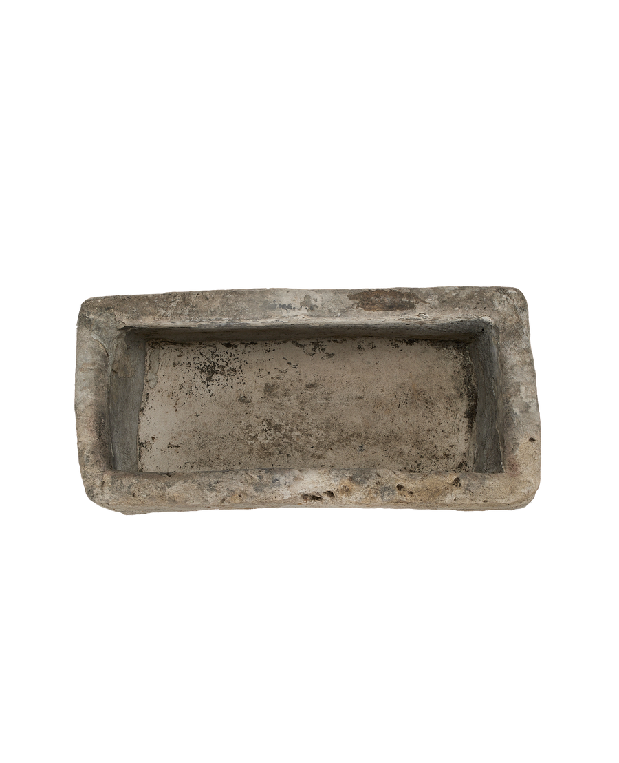 Vintage Indonesian limestone rectangular planter, weathered detail view with textured rough interior.